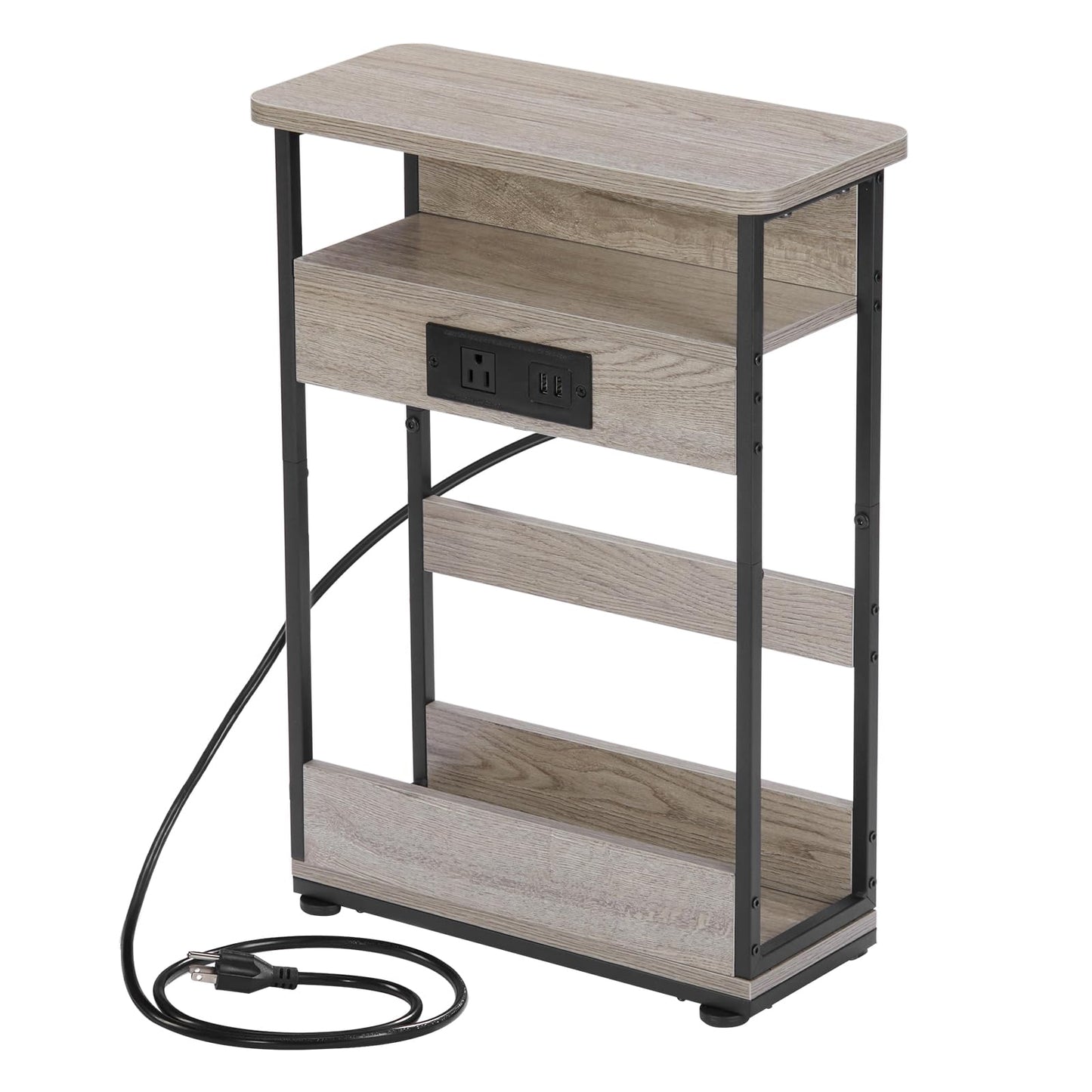 Small Narrow Side Table with Charging Station for Small Space, 3-Tier Accent Couch Beside Table with USB Ports & Power Outlets, Sofa Side Table for Living Room Bedroom Apartment (USB Charger, Oak)