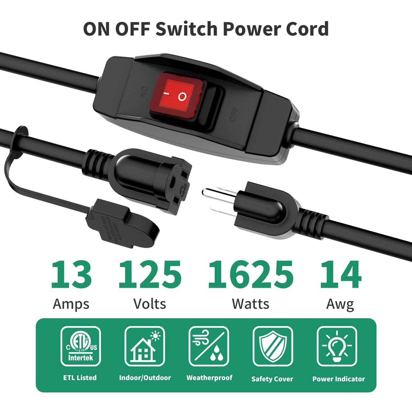 KASONIC 3 Prong Extension Cord with Switch, 1625W 13A Grounded Outlets with Safety Cover, 14/3 SJTW Cable On Off Waterproof Switch for Indoor Outdoor Use (100 FT)
