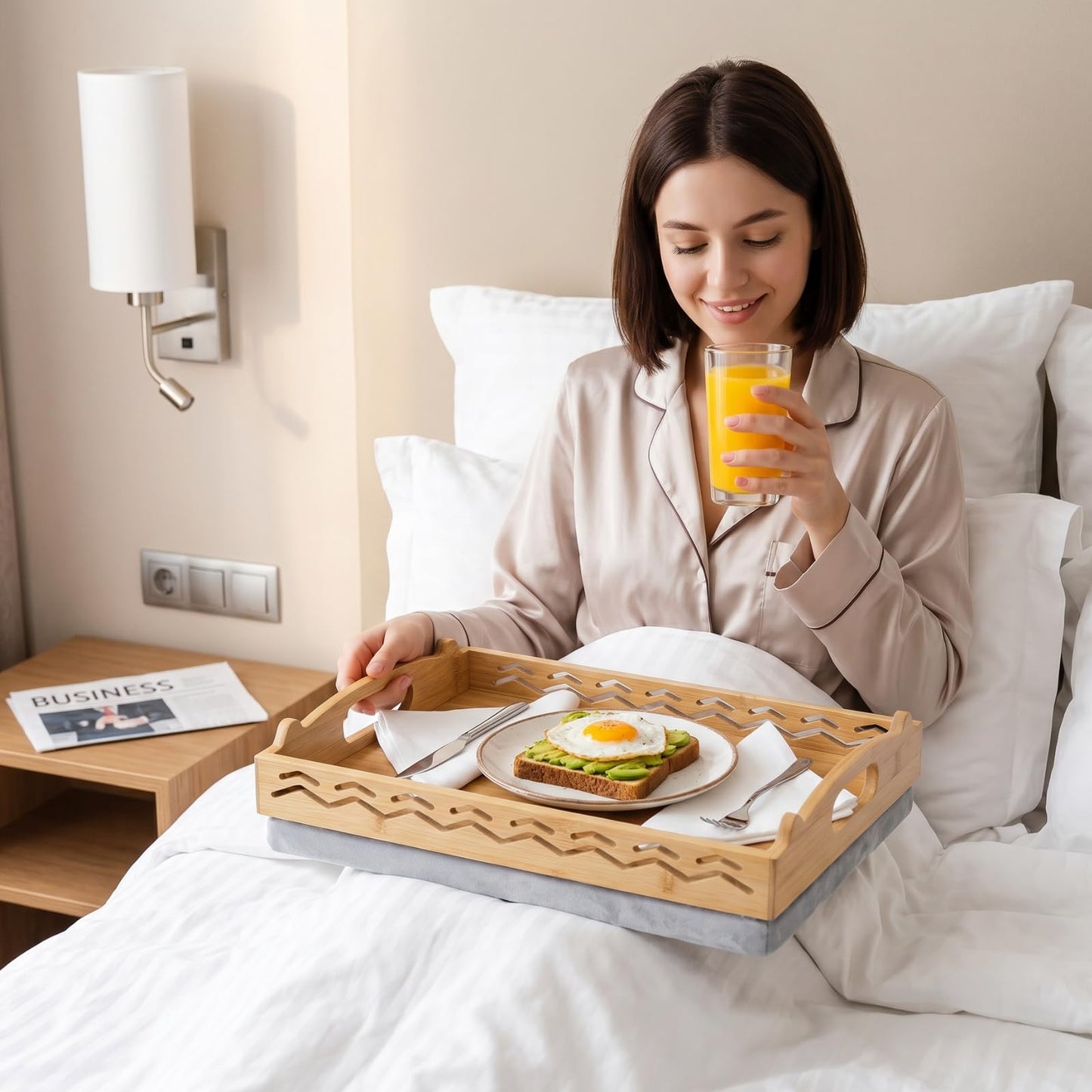 Okllen Bamboo Lap Tray with Detachable Cushion & Handles, 16"x12.2" Breakfast Bed Tray for Eating, Recliner/Sofa/Bed, Housewarming Gift