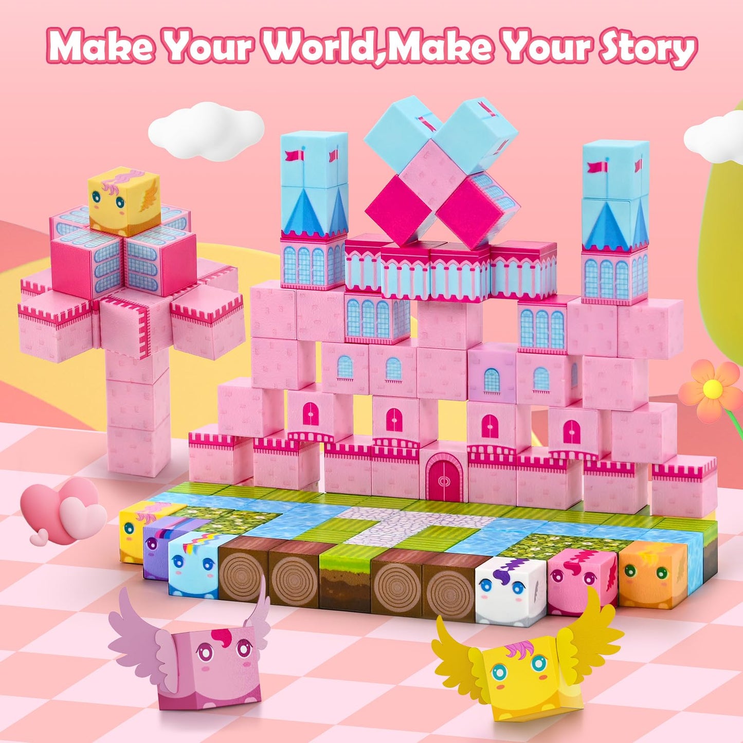 PINKCAT 100PCS Magnetic Blocks, Kids Building Pink Fantasy Castle Cubes, Stacking Tiles, STEM Sensory Toys for Toddlers, Kids Travel Essentials Toy, 3 4 5 6 7 8-12 Years Girls Boys Gifts