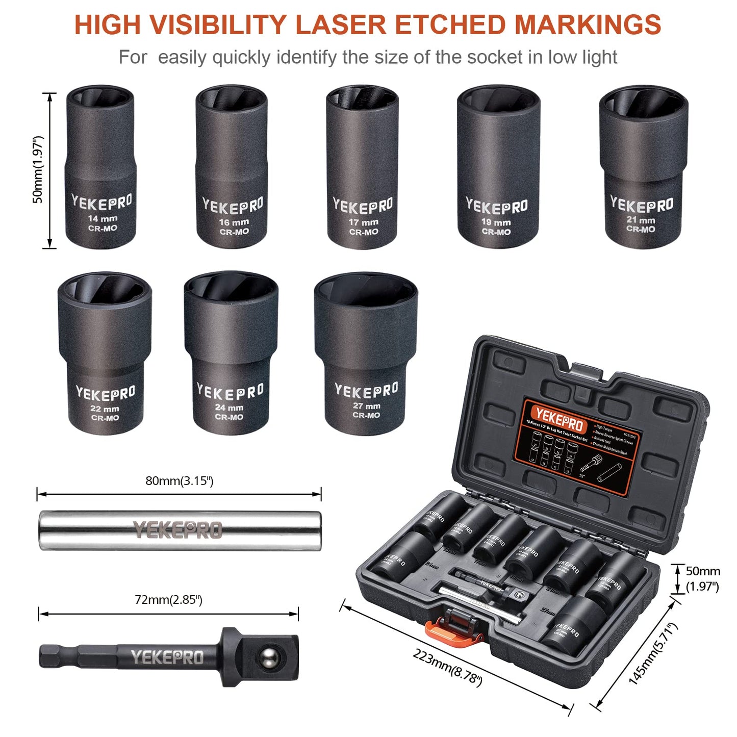 YEKEPRO 10Pcs Bolt Nut Extractor Set, 1/2" Drive Impact Twist Lug Nut Removal Socket Tool, Stripped for Damaged, Frozen, Studs, Rusted, Rounded-Off Bolts, Nuts & Screws, Cr-Mo Steel, T12210