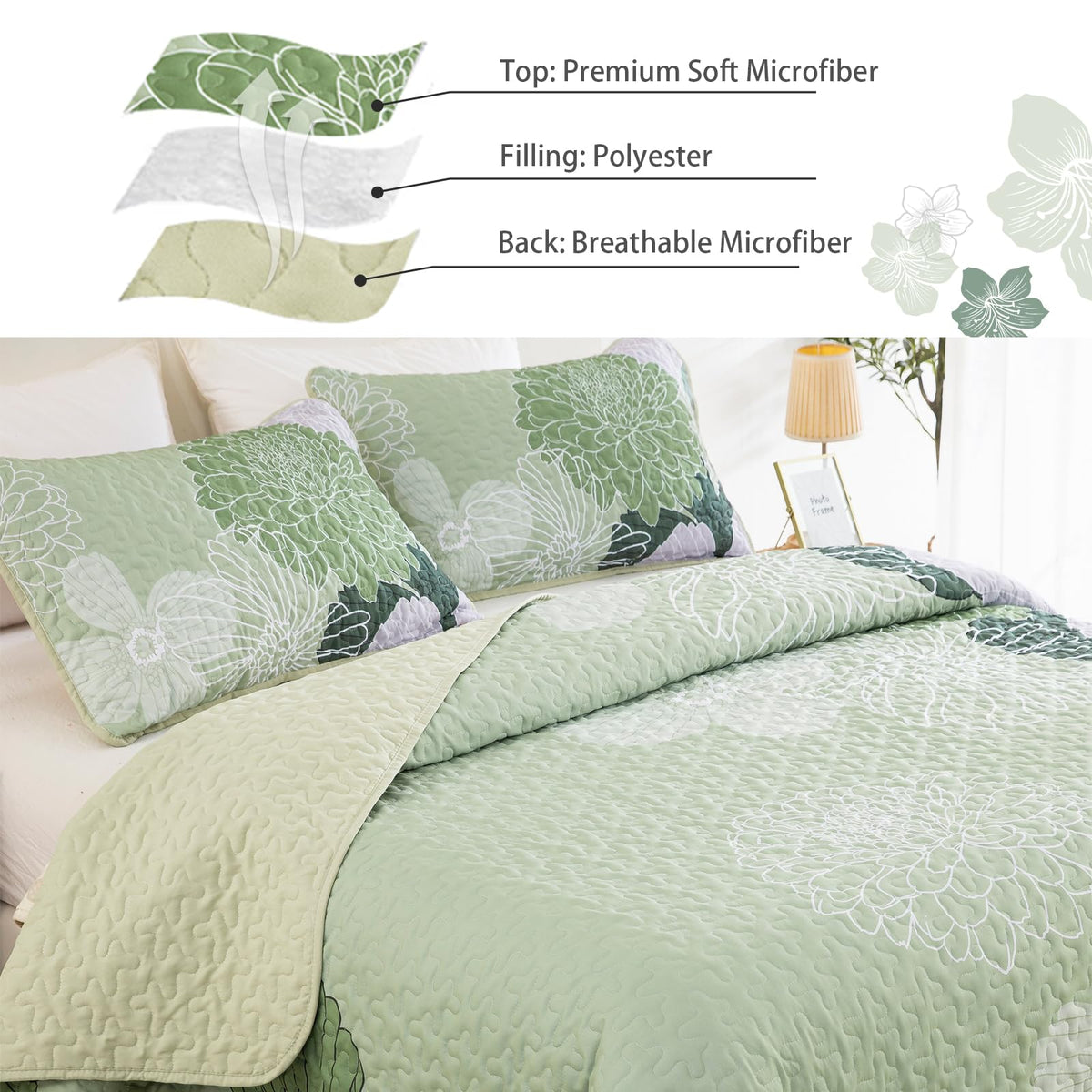 Yiran Floral Quilt Set Queen Size Sage Green Botanical Bedspreads Bedding Set 3 Pieces Lightweight Summer Coverlet with 2 Pillow Shams 96x90 Inch