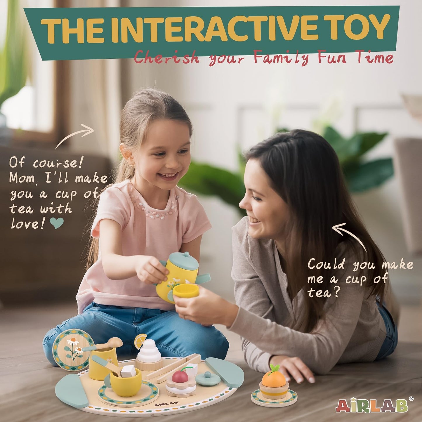 Airlab Tea Sets for Toddlers 3-5 Girl Birthday Gift 2 Year Old Princess Party Wooden Play Food Toy Sets for Kids Kitchen Accessories Age 3 4 5 6 Wood Educational Toys