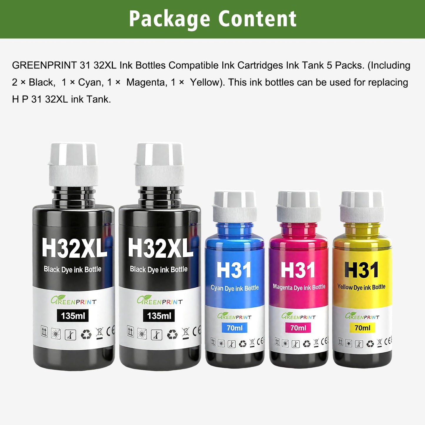 GREENPRINT 31 32XL Ink Bottles Multipack Compatible for H P Smart Tank 5000 5100 5101 5102 5103 5104 6001 6002 7001 7002 7301 7302 7602 Plus 551 570 578 651 Printer (5 Packs 2BK/C/M/Y)