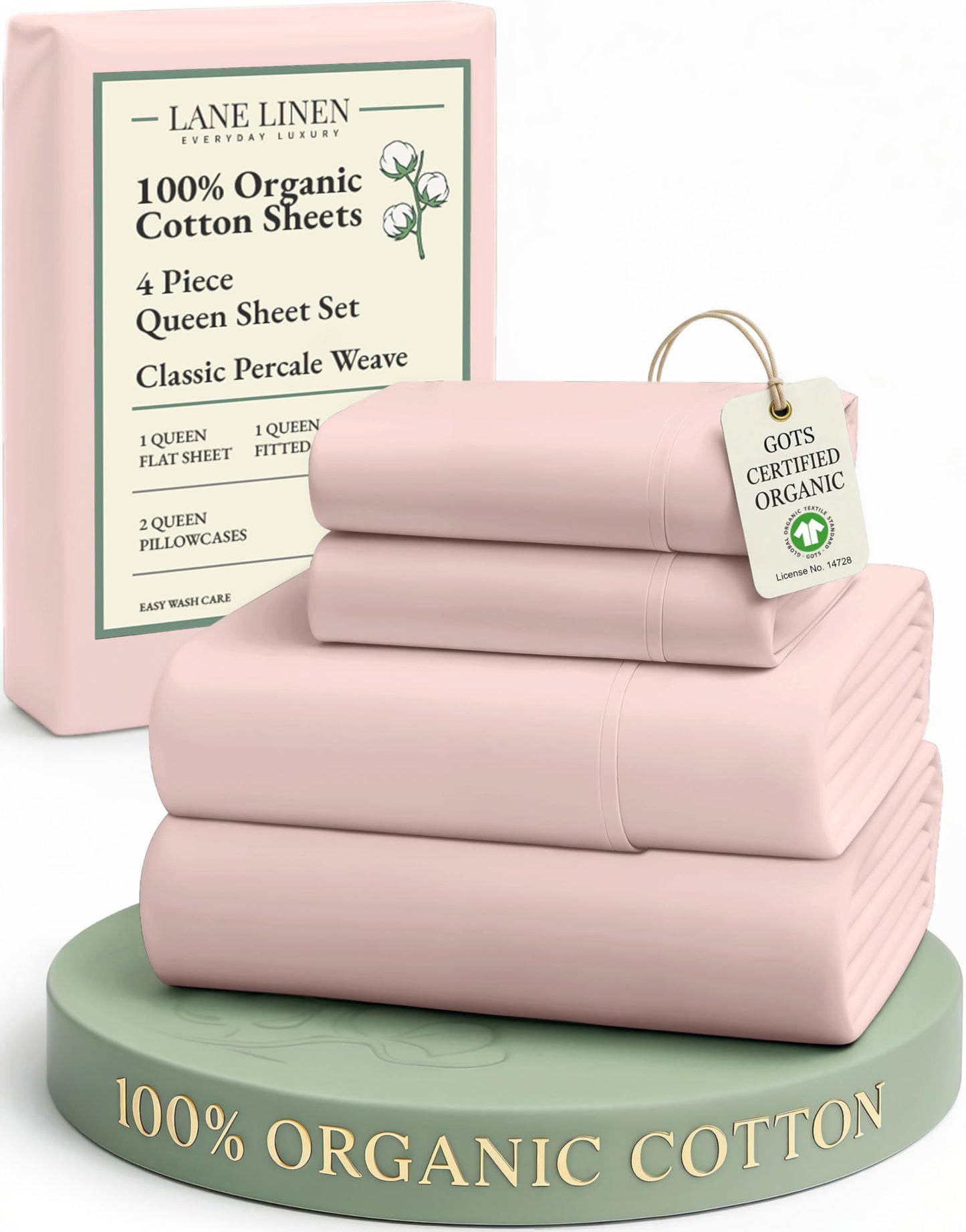 Lane Linen 100% Organic Cotton Queen Sheet Set, 4-Piece Percale Bed Sheets for Queen Bed - Soft, Breathable, Hypoallergenic, Deep Pocket Fits Mattress Up to 15" Deep, Hotel Quality Sheets - Rose
