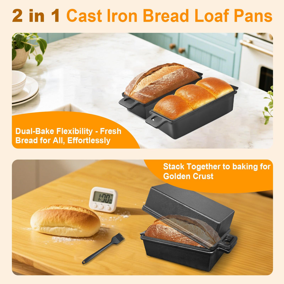 AO LI GEI Cast Iron Bread Pan with Lid 2 in 1 Loaf Pans Set with 9×5 Inch Loaf Pans for Homemade Bread, Sourdough Baking Pan, Oven Mitts, Lame Baking Tool, Silicone Basting Pastry Brush for Baking