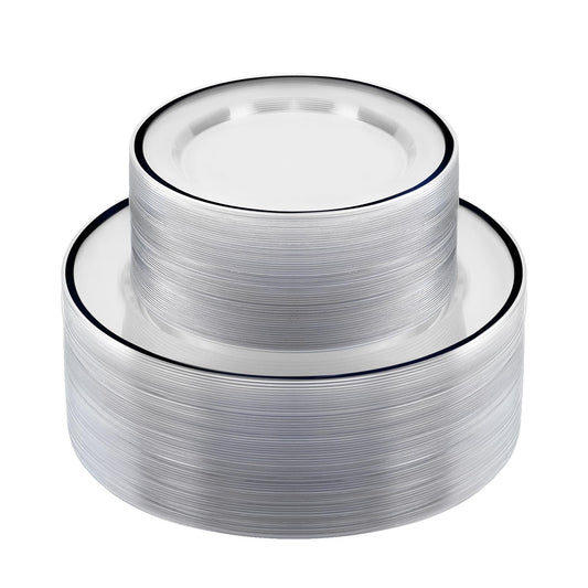 BESTSTAR 100PCS Black and Clear Plastic Plates, Black Disposable Plate Set with 50 Dinner Plates and 50 Dessert Plates for Party, Halloween, New year