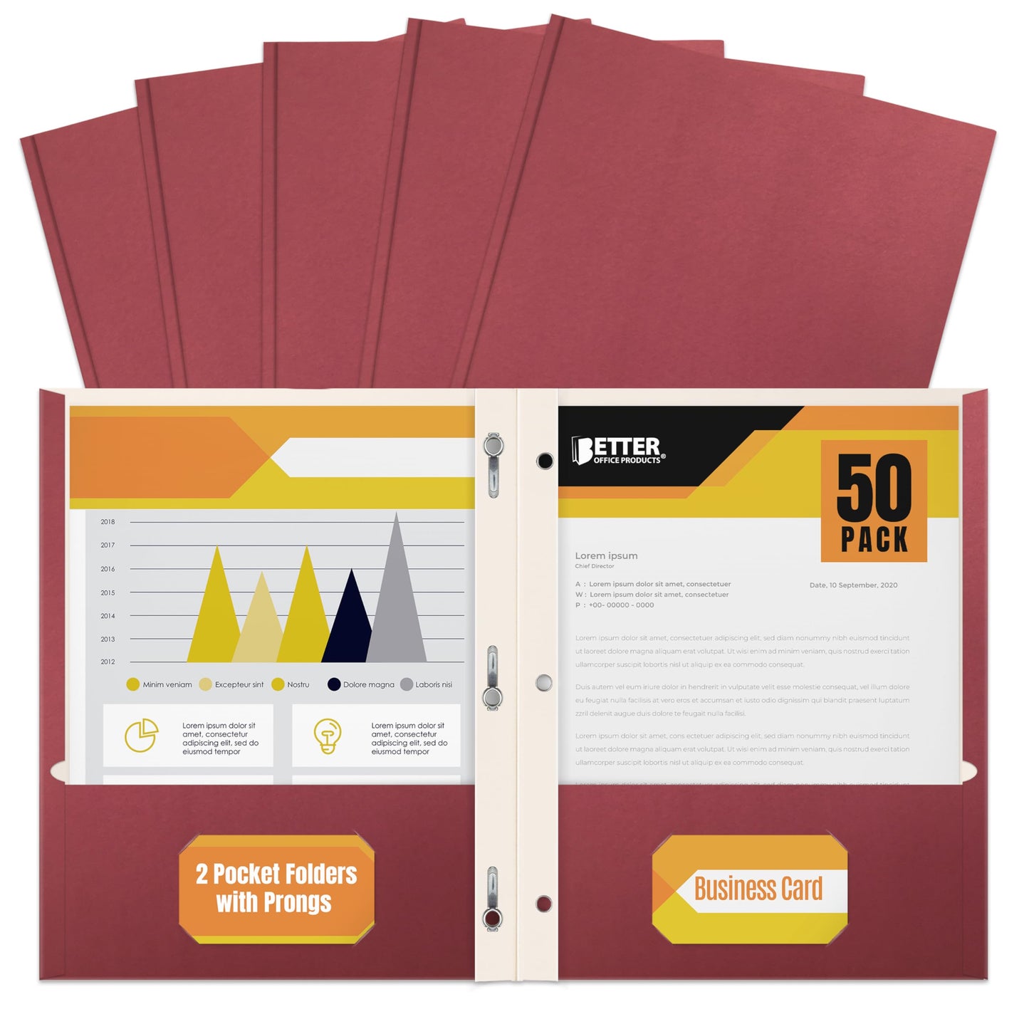 Better Office Products Burgundy Paper 2 Pocket Folders with Prongs, 50 Pack, Matte Texture, Letter Size Paper Folders, 50 Pack, with 3 Metal Prong Fastener Clips, Burgundy Red