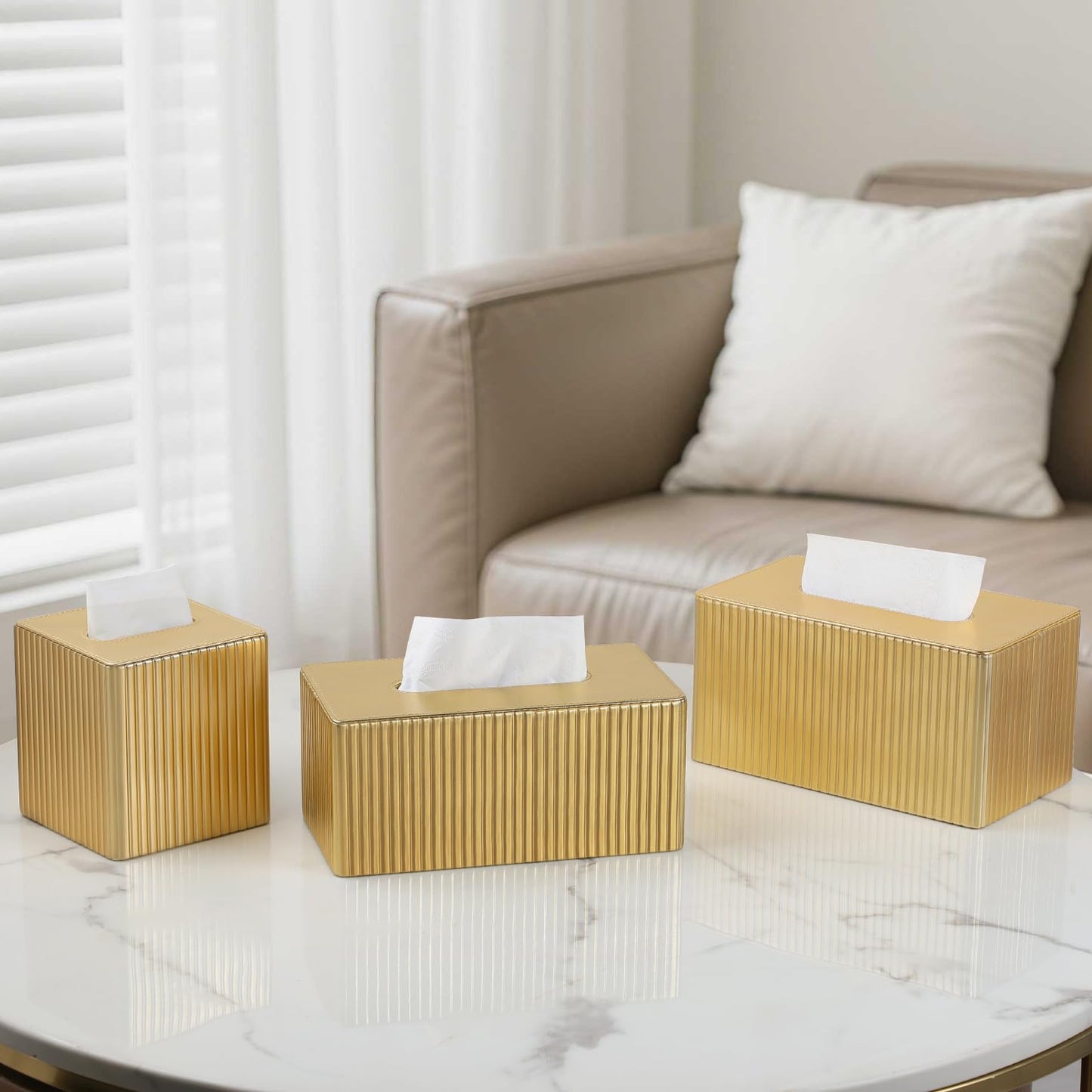MEIBOOCH PU Leather Tissue Box Cover Square, Cube Tissue Box Holder with Magnetic Closure, Decorative Tissue Holder for Bathroom Bedroom Office (Gold, Rectangle Height of 4 in)