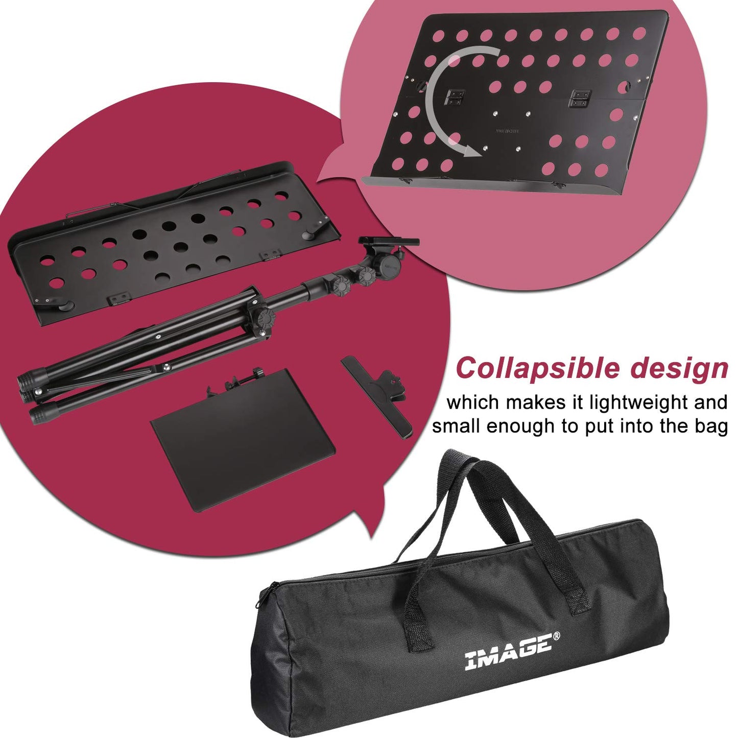 IMAGE 21.6-63 inch Sheet Music Stand Adjustable and Foldable Travel Metal Music Stand with Music Tray, Carrying Bag, and Music Sheet Clip Holder for Instrumental Performance