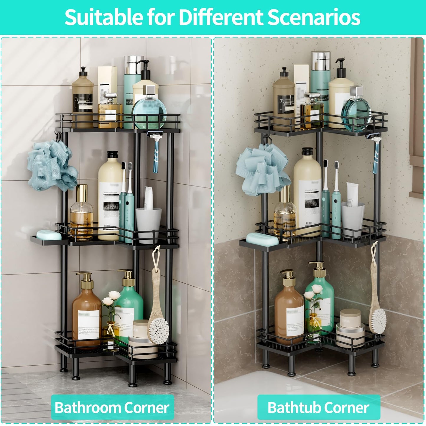HapiRm Corner Shower Caddy Standing - 3 Tier Shower Caddy Corner Stand with Shampoo Holder, Floor Bathroom Shelves with 4 Hooks, Black