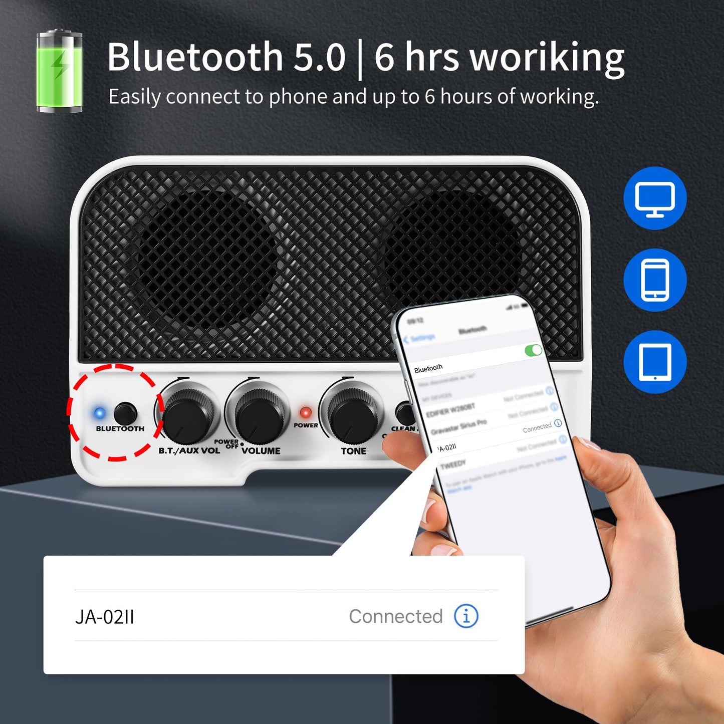 JOYO Mini Guitar Amplifier 5W Electric Guitar Amp Small Practice Guitar Amp with Bluetooth Clean & Overdrive Channels Portable Rechargeable (JA-02 II Black)