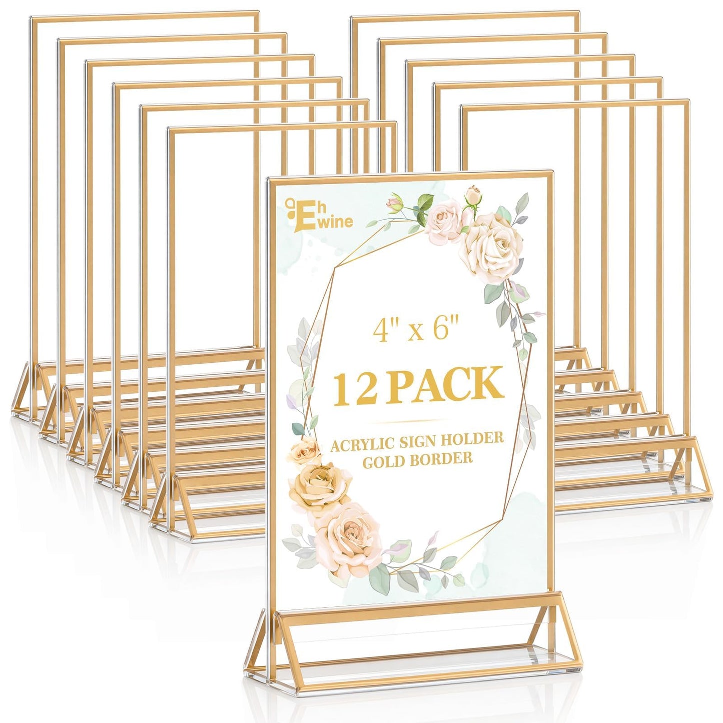 EHWINE 12 Pack Acrylic Sign Holder 4 x 6, Double Sided Gold Picture Frame Stand up Table Top Sign Holders, Clear Display Stand Menu Flyer Holder for Wedding Party
