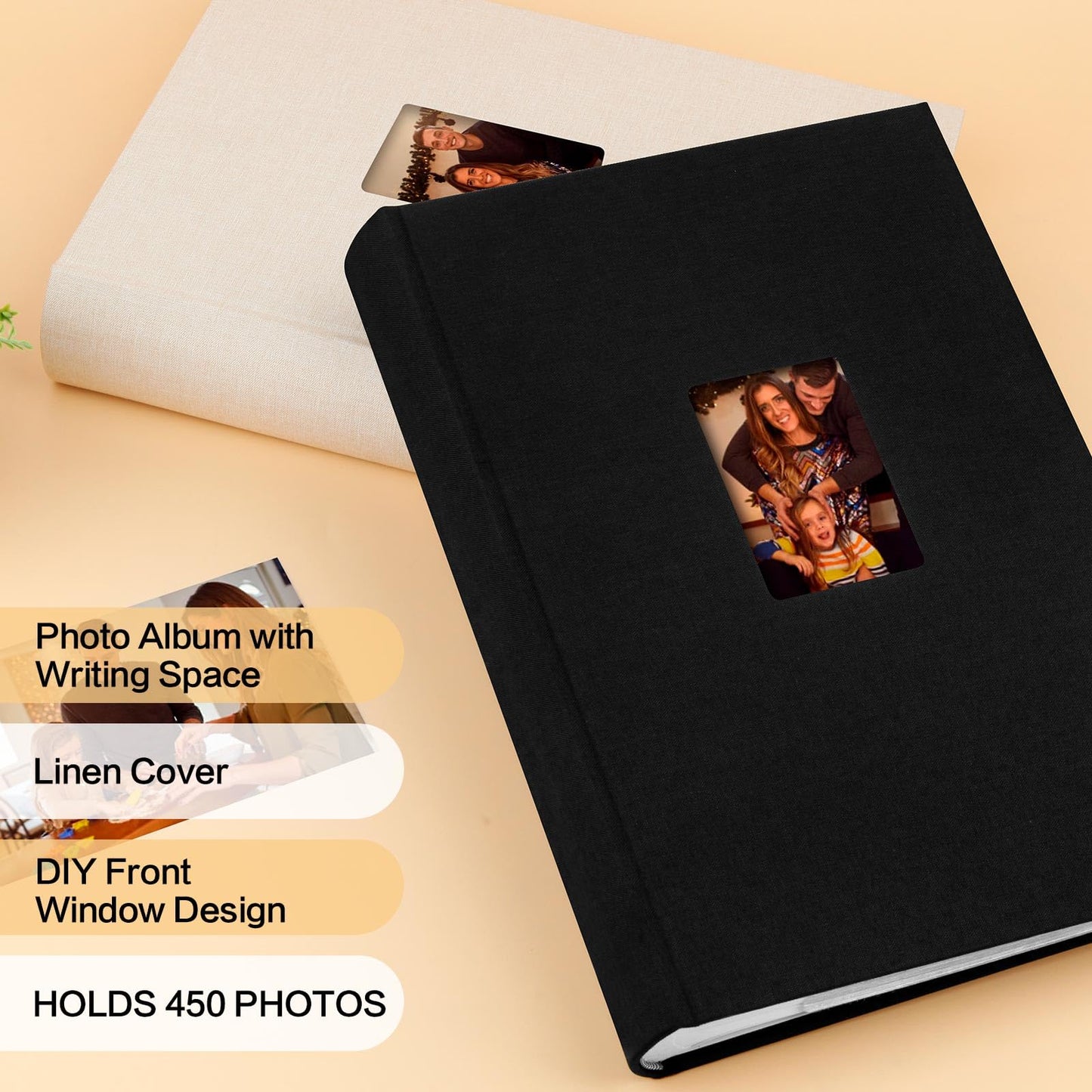 Xfveiwoo Photo Album 4x6 450 Pictures with Writing Space, Linen Cover Photo Book with Front Display Window for Family Wedding Baby Travel Memories, Black