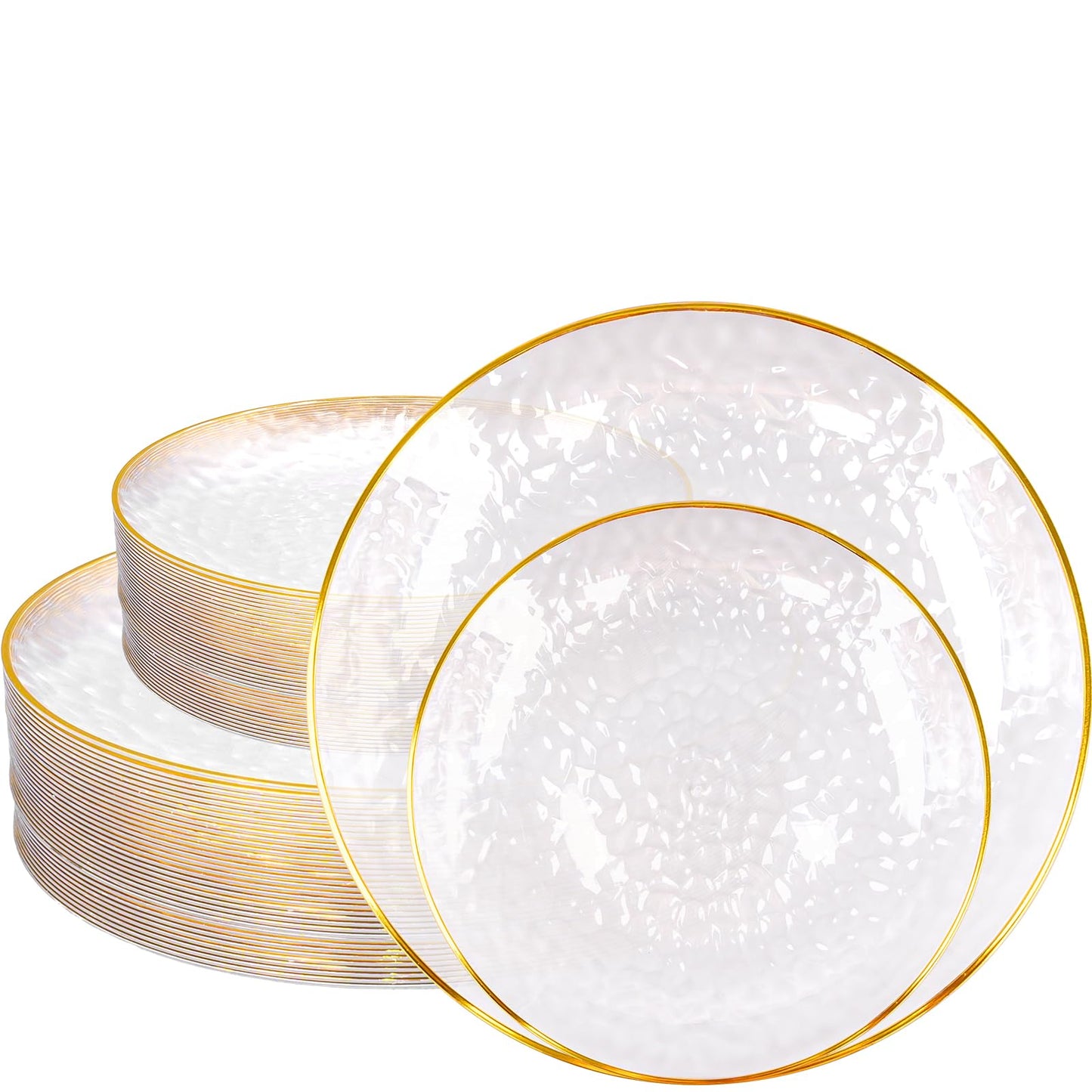 100 Pcs Hammered Plastic Plates with Gold Rim, Clear Plastic Plate 50 Disposable Heavy Duty 10 Inch Dinner Plates 50 Round 7 Inch Dessert Salad Plate for Party Wedding