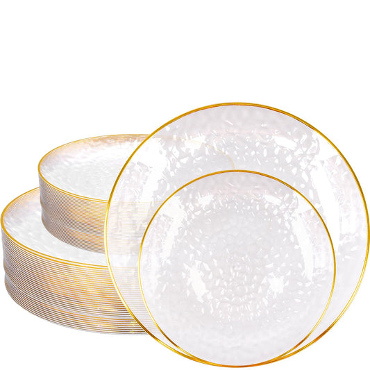 100 Pcs Hammered Plastic Plates with Gold Rim, Clear Plastic Plate 50 Disposable Heavy Duty 10 Inch Dinner Plates 50 Round 7 Inch Dessert Salad Plate for Party Wedding