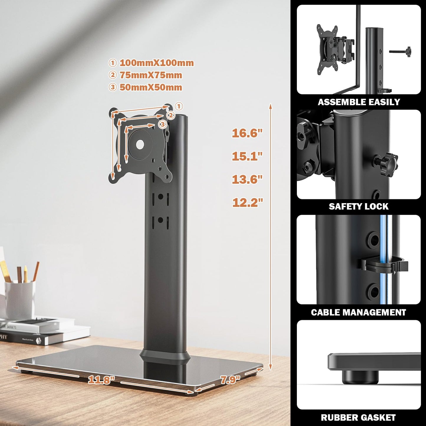 Hemudu 2 Pack Single LCD Computer Monitor Free-Standing Desk Stand Riser for 13 inch to 32 inch Screen with Swivel, Height Adjustable, Rotation, Holds One (1) Screen up to 77Lbs(HT05B-201)