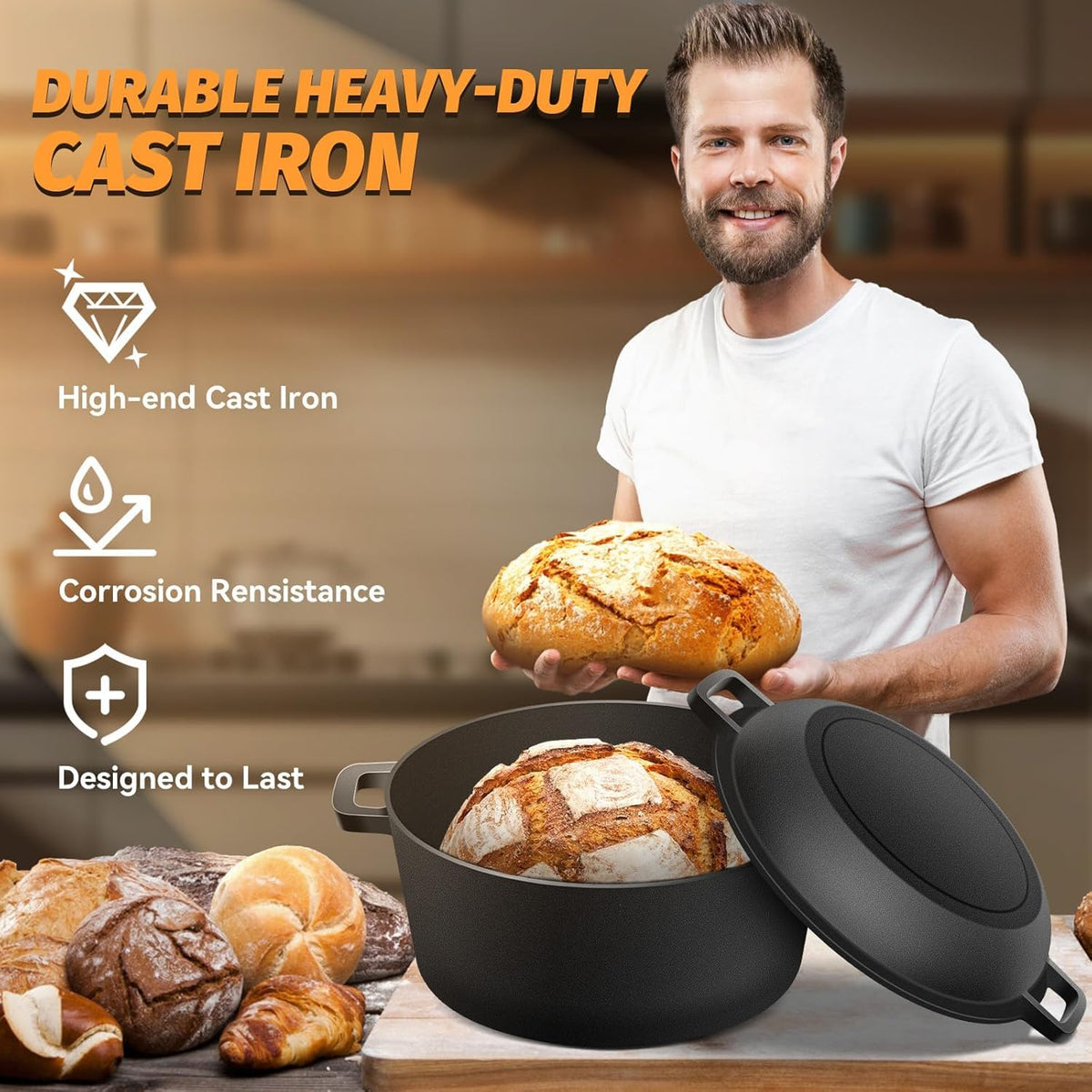 Cast Iron Pot Dutch Oven for Bread Baking, Cast Iron Casserole Dish with Lid Baking Cooking Supplies, 2-in-1 Dutch Oven Pot with Skillet, 5.2QT