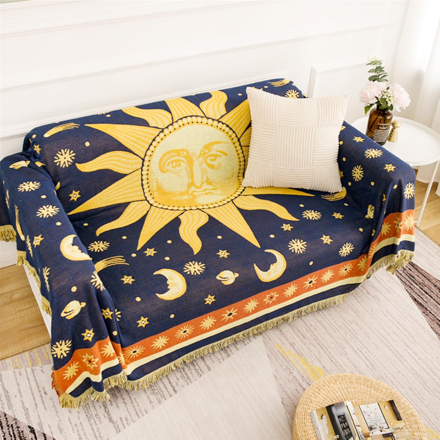 Boho Throw Blanket | Double-Sided Cotton Boho Blanket | Tasseled, Celestial Tapestry | Ideal for Western Decor, Sofa, Bed, Travel | Yellow/Blue, 71"x51"