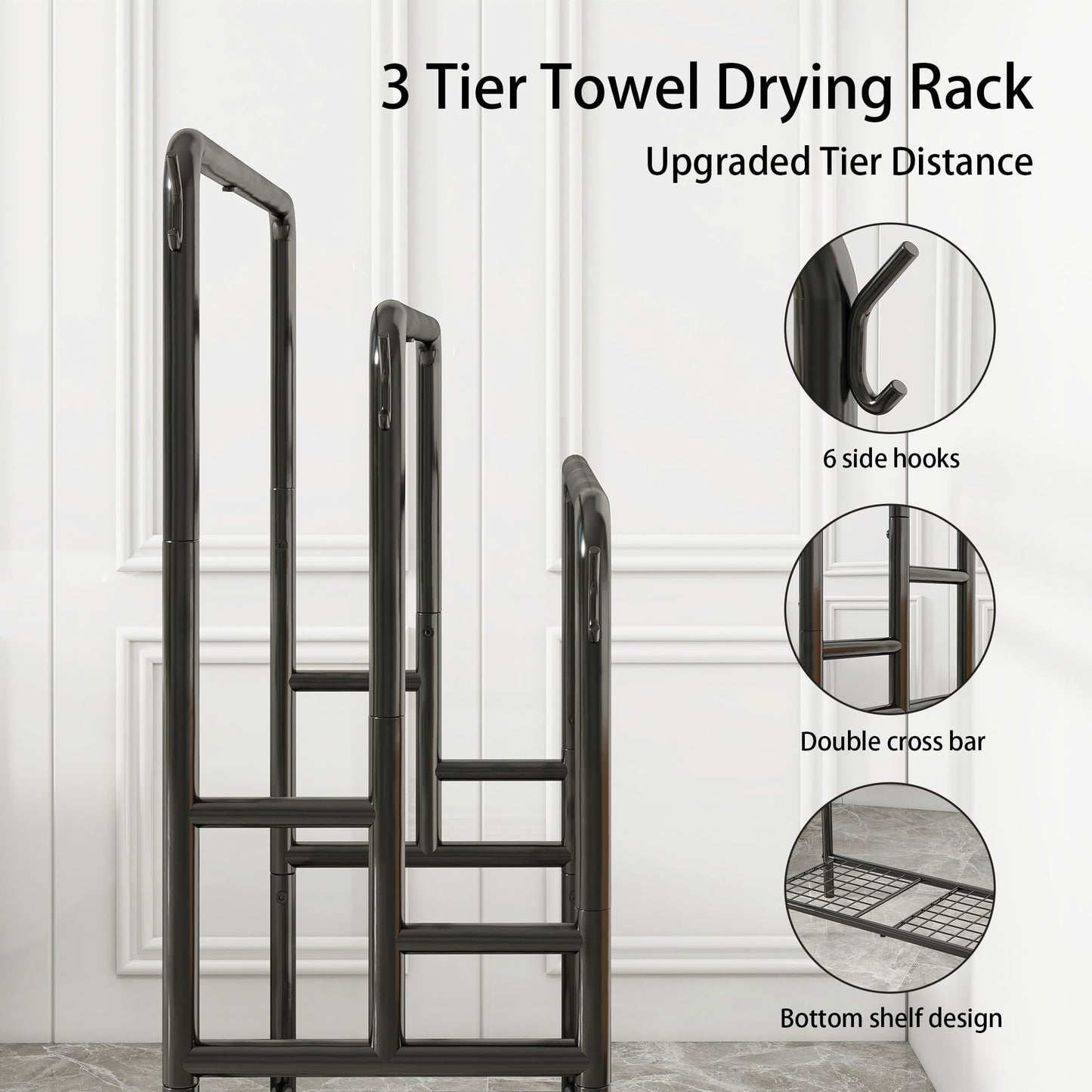 VERFARM Freestanding Towel Rack, 3 Tier Towel Rail Metal Towel Holder Drying Stand with Storage Shelf, Blanket Holder, 6 Hooks, for Bathroom Accessories Organizer, Bath & Hand Towels Storage, Black