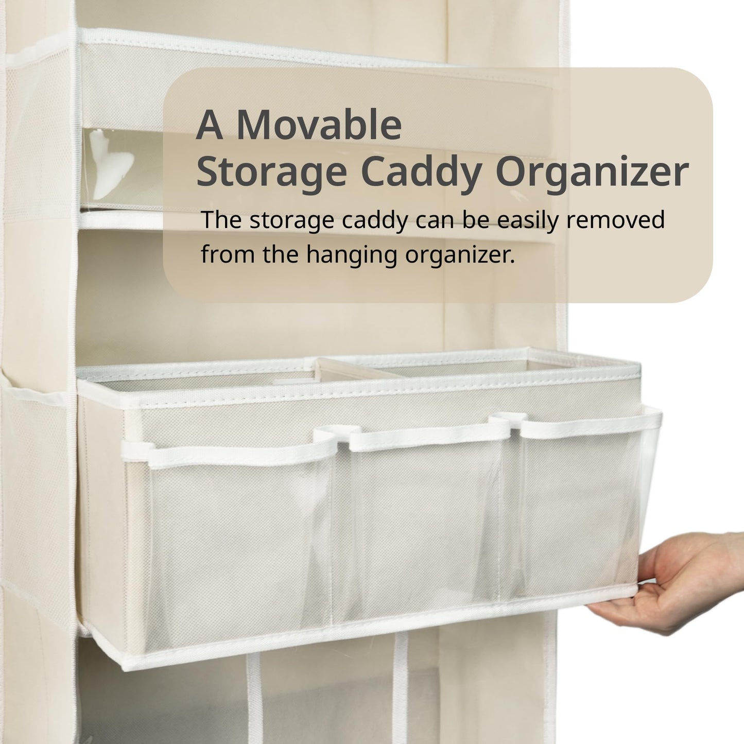 Door Hanging Storage Organizer,with 3 Bins 1 Movable Baby Diaper Caddy,1 Large capacity diaper stacking storage Organizer,10 Side Pockets,Bedroom Door Storage for Nursery Baby Essentials. (Beige)