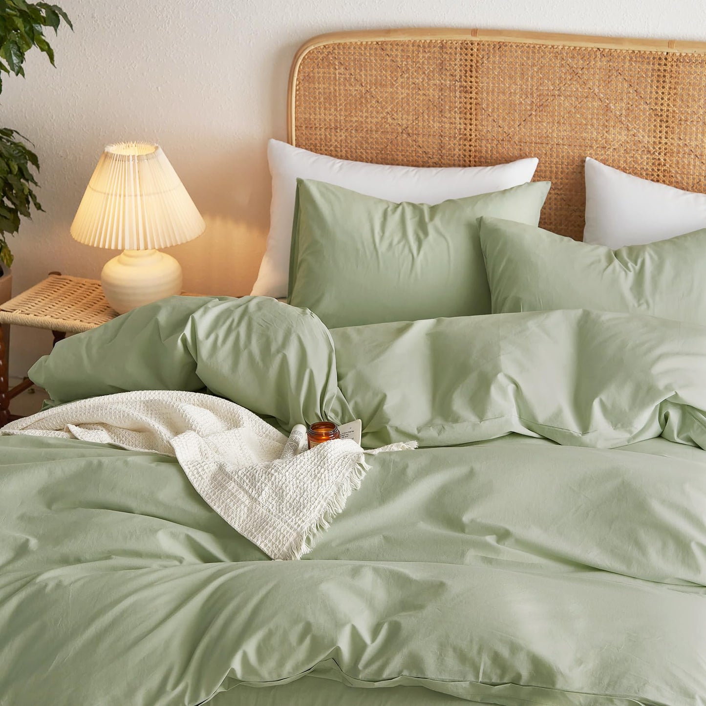 Wake In Cloud - Sage Green Cotton Duvet Cover Set, Queen Size, 100% Washed Cotton Plain Solid Color, Linen Like Textured, Breathable Durable Farmhouse Neutral Bedding Set, 3 Pieces