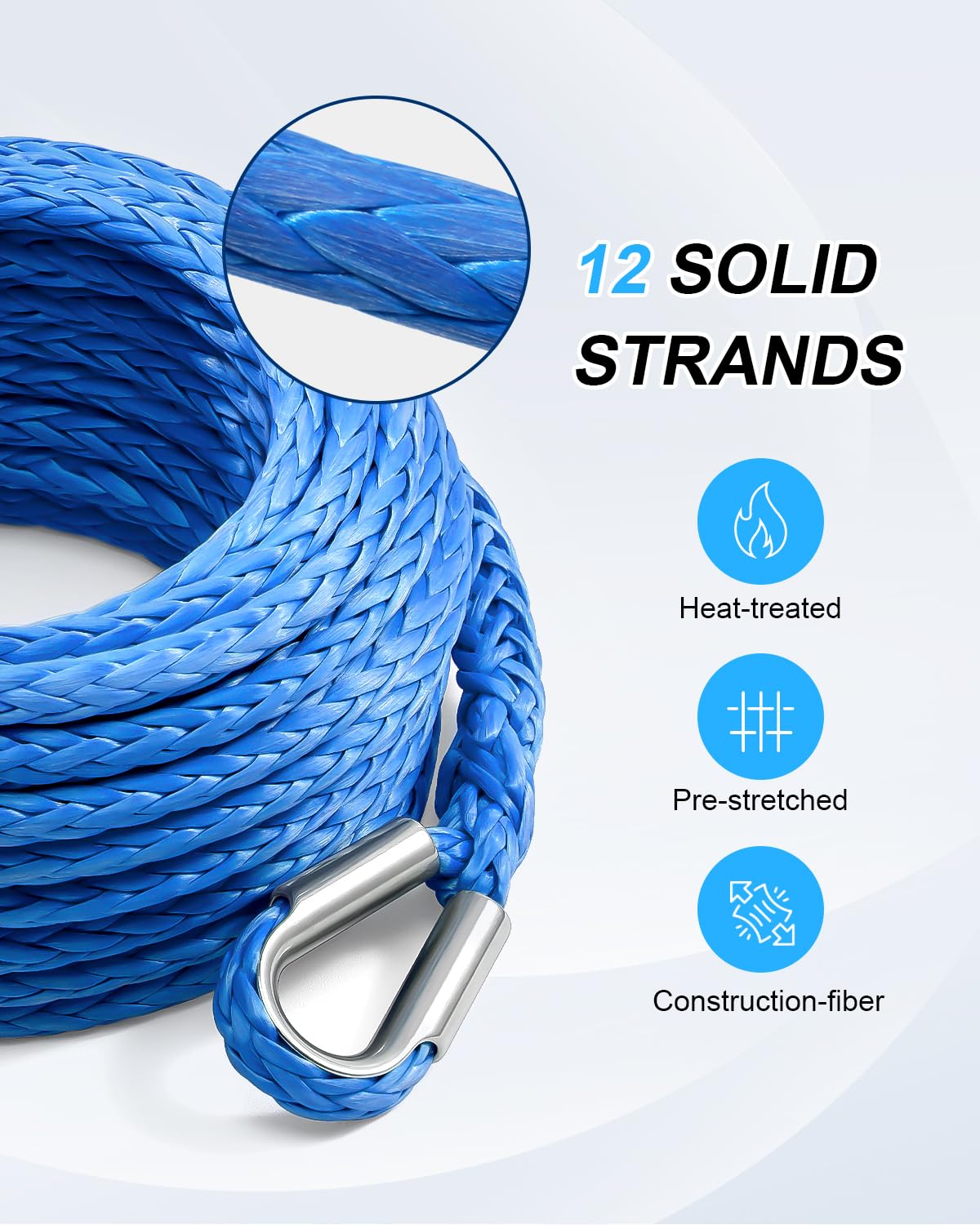 Kolvoii Winch Rope Extension 3/8 Inch x 50Ft 26,500 Lbs, Synthetic Winch Extension Cable Line for Off Road Vehicle ATV UTV Truck etc - Blue