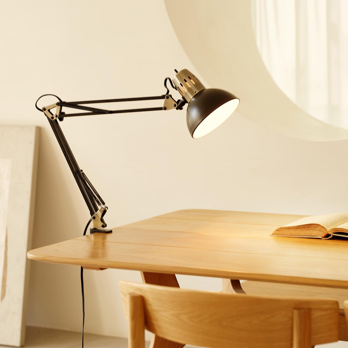 Globe Electric 62000009 32" Multi-Joint Desk Lamp with Metal Clamp, Matte Black, Antique Brass Accents, On/Off Rotary Switch on Shade, Partially Adjustable Swing Arm, Home Décor, Office Accessory