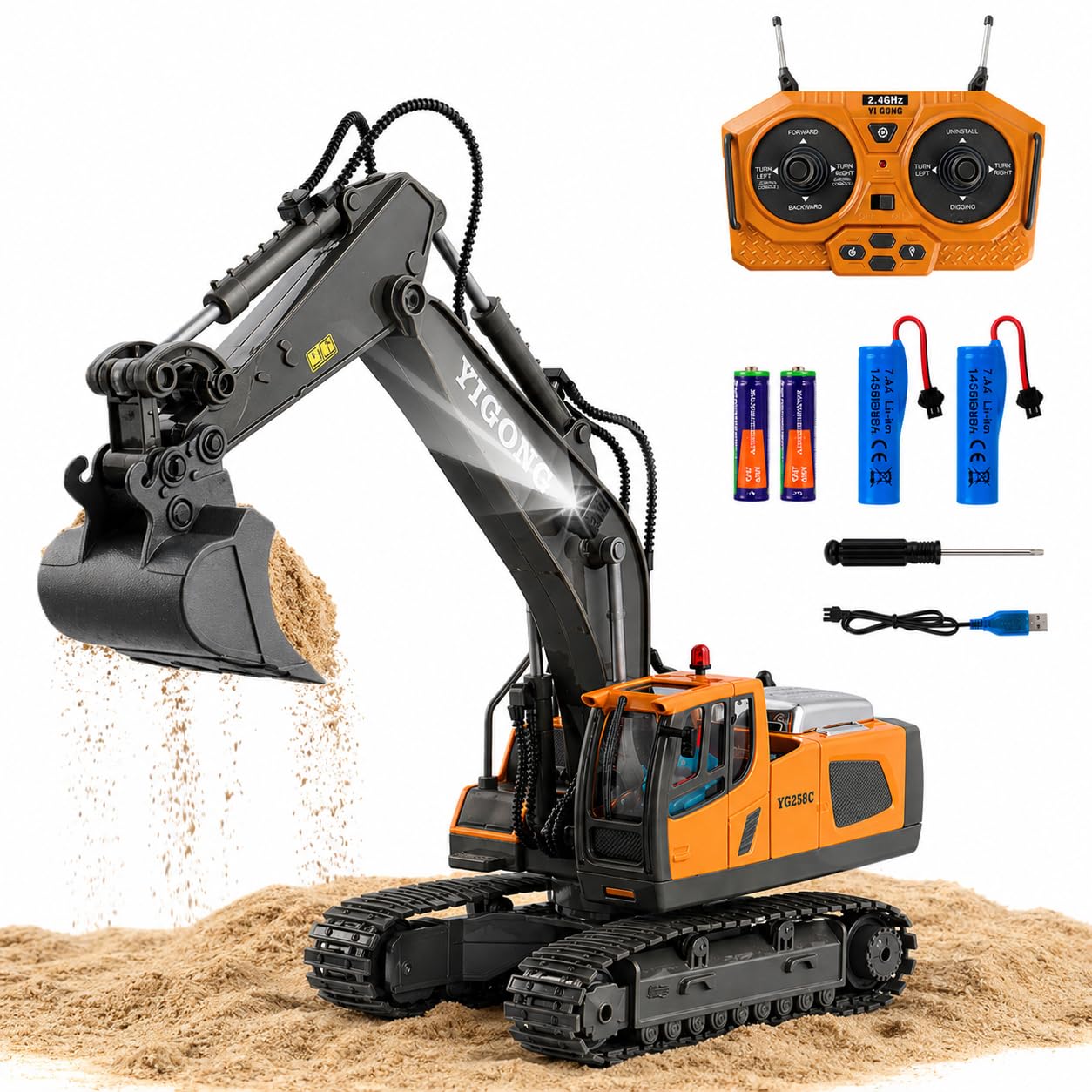 Cogwak RC Excavator Toy 11 Channel Remote Control Construction Vehicles Sand Digger Truck with Metal Shovel 680° Rotation Outdoor Birthday Gift for Boys Kids Age 6+ Year Old (Yellow)