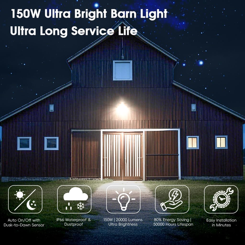 MOONTIP LED Barn Light 2 Pack 150W 20000LM Dusk to Dawn Outdoor Lighting, LED Yard Light Outdoor with 150° Adjustable Photocell, 6500K Daylight, IP66 Waterproof Area Street Light for Garage Warehouse