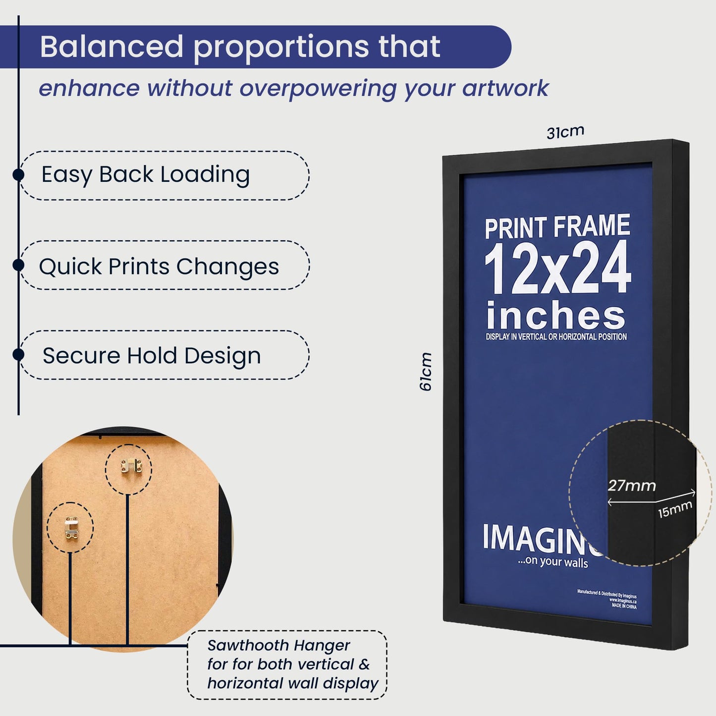 Imaginus 12x24 Inch Black MDF Wood Frame Modern Wall Mount Poster Frame with Clear Shatter-Resistant Front, Minimalist Frame for Prints, Photos & Artwork, Home Office Gallery Wall Décor