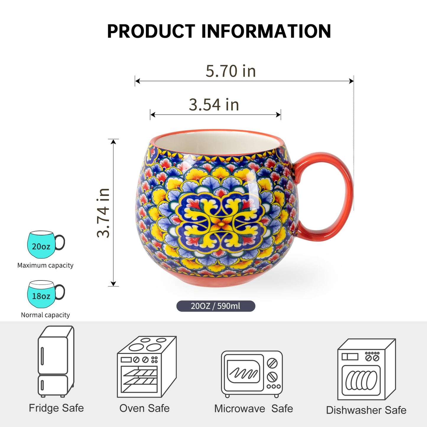 Porcelain Coffee Mugs 20 Ounce - Multicolor Cups for Latte, Hot Tea, Cappuccino, Cocoa, Soup, Dishwasher, Microwave Safe, Christmas Gift Set of 6 - Bohemian Style