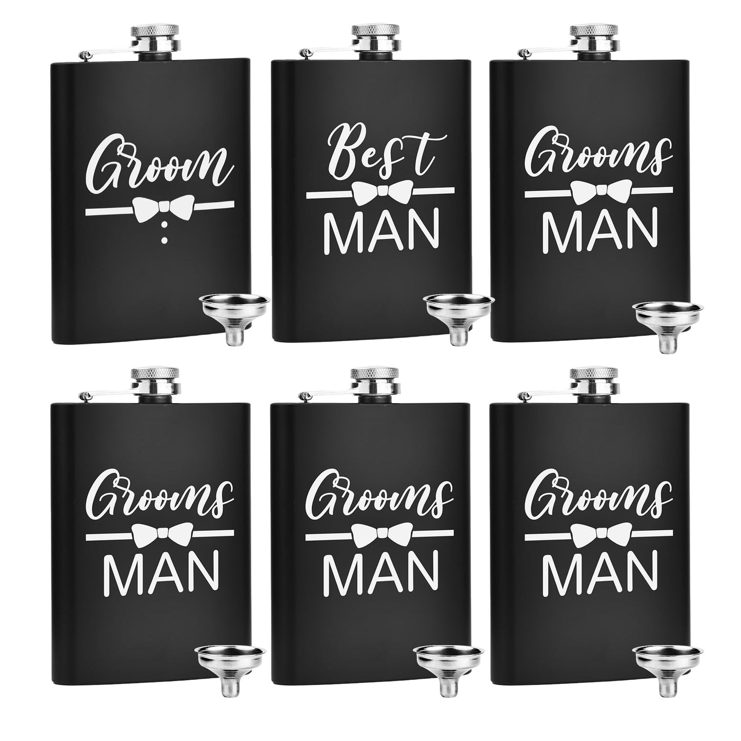 ELEGANTPARK Groomsmen Gifts Set of 6 Best Man Groom Flask Groomsmen Proposal Gift for Wedding Bachelor Party Favors Black Engraved Hip Flask Stainless Steel 8 oz