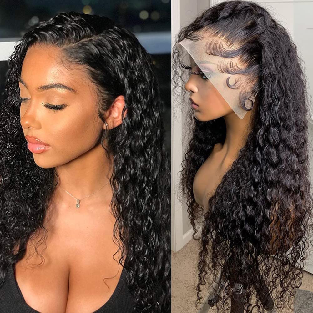 180 Density 13x4 HD Lace Front Wigs Human Hair Pre Plucked with Baby Hair Transparent Glueless Brazilian Deep Wave Frontal Wigs for Women Natural Black Color22 inch