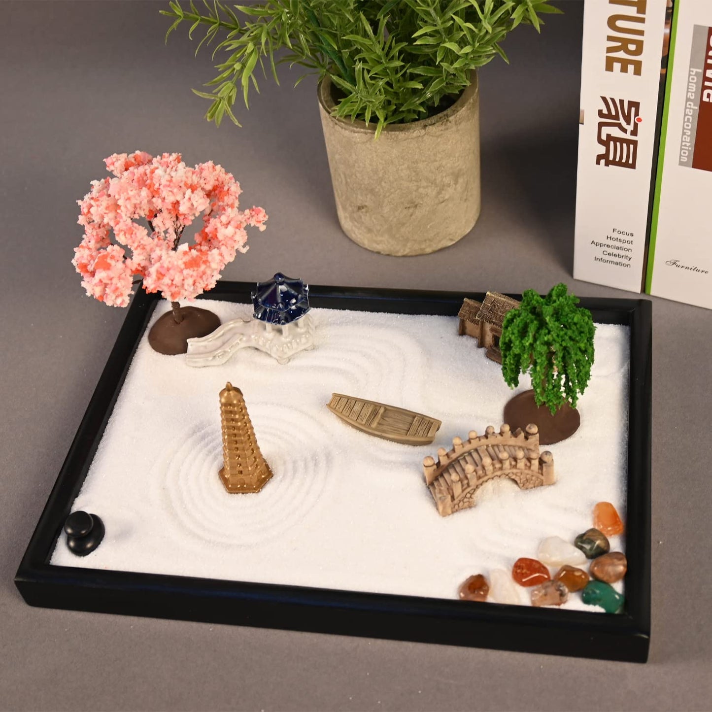 10" x 7" Upgraded Zen Garden for Desk with 18 Accessories Sand Garden Decoration Included Sand Tray,Zen Garden Rake,Trees,Pagoda,Bridge,Pavilion,Boat Zen Gifts Women