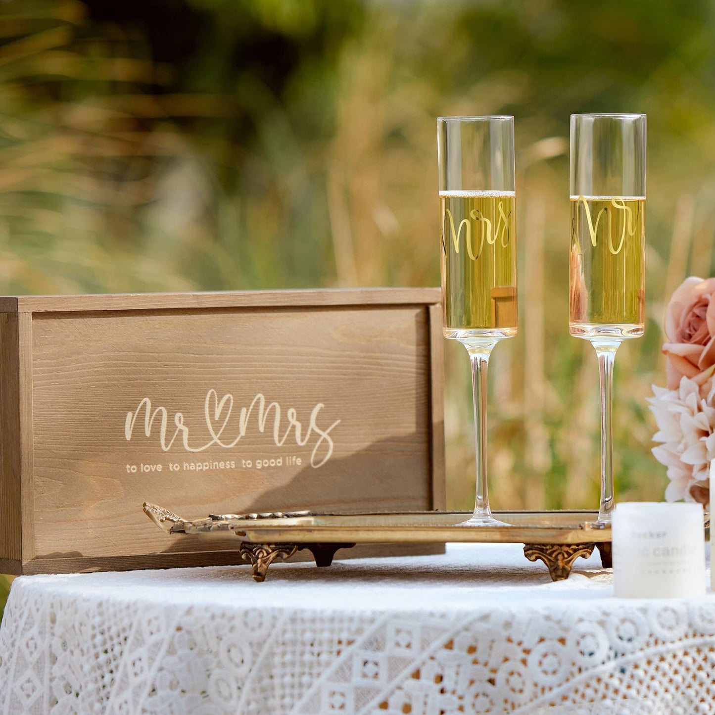 AW BRIDAL Wedding Champagne Glasses - Crystal Champagne Flutes for Mr & Mrs, Bridal Shower & Engagement Gift Set of 2