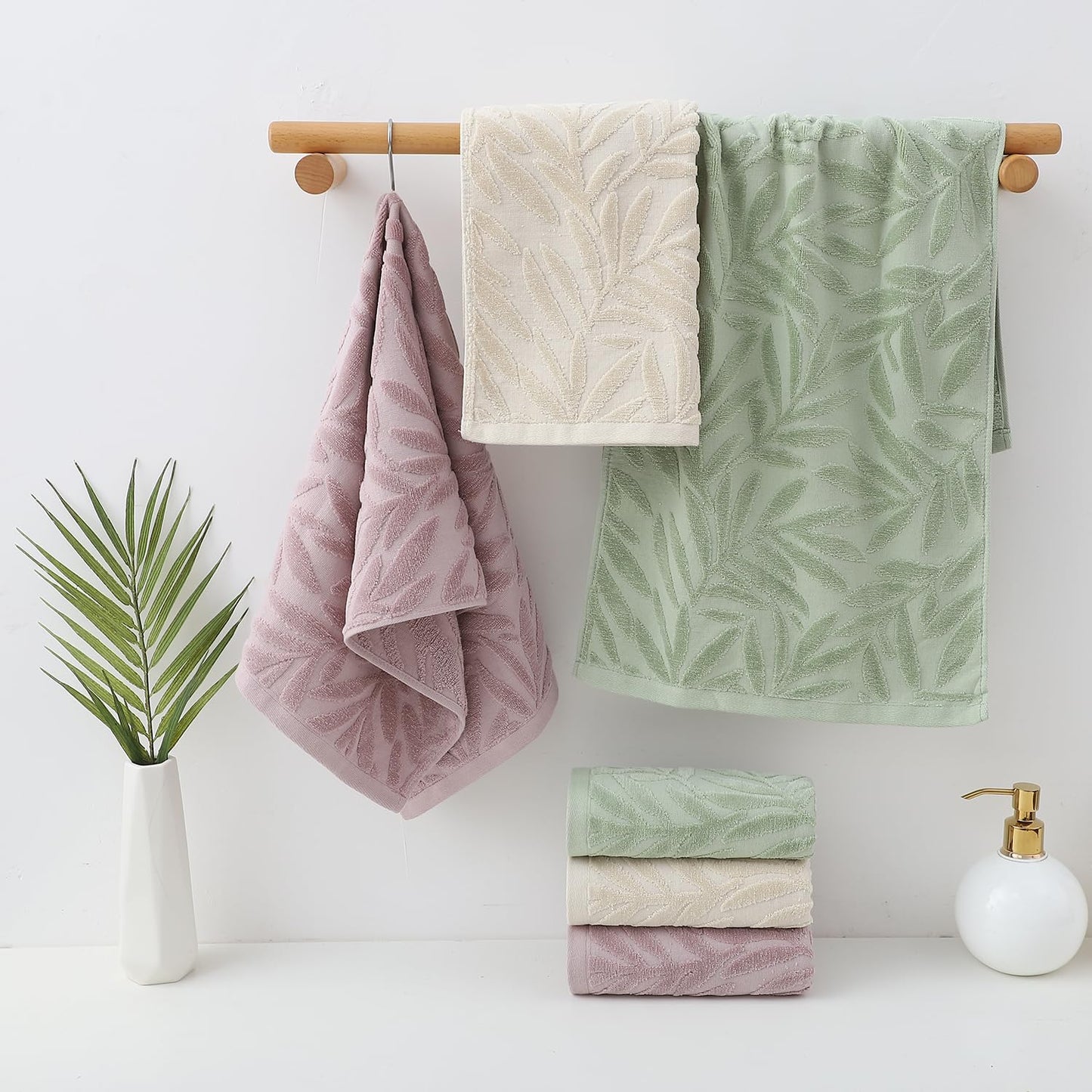 Pidada Hand Towels Set of 4 Leaf Pattern 100% Cotton Absorbent Soft Decorative Towel for Bathroom (Green)