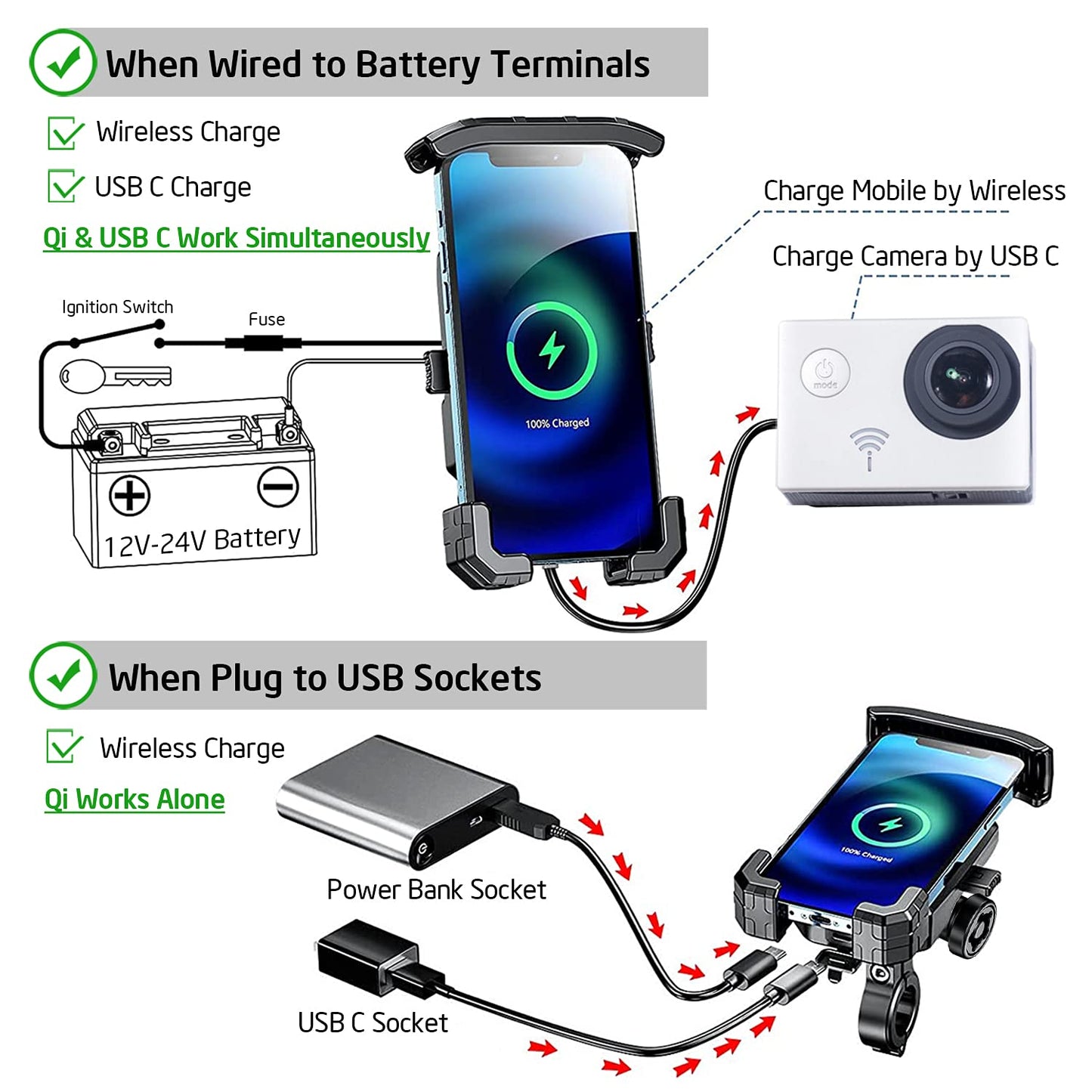 iMESTOU Anti-Thief Motorcycle Wireless Phone Mount Charger 15W & USB C 3A Handlebar 1" Ball Stem Phone Holder Works with 12V/24V Vehicle/USB Socket Quick Charge for 4.0-7.0" Cellphones