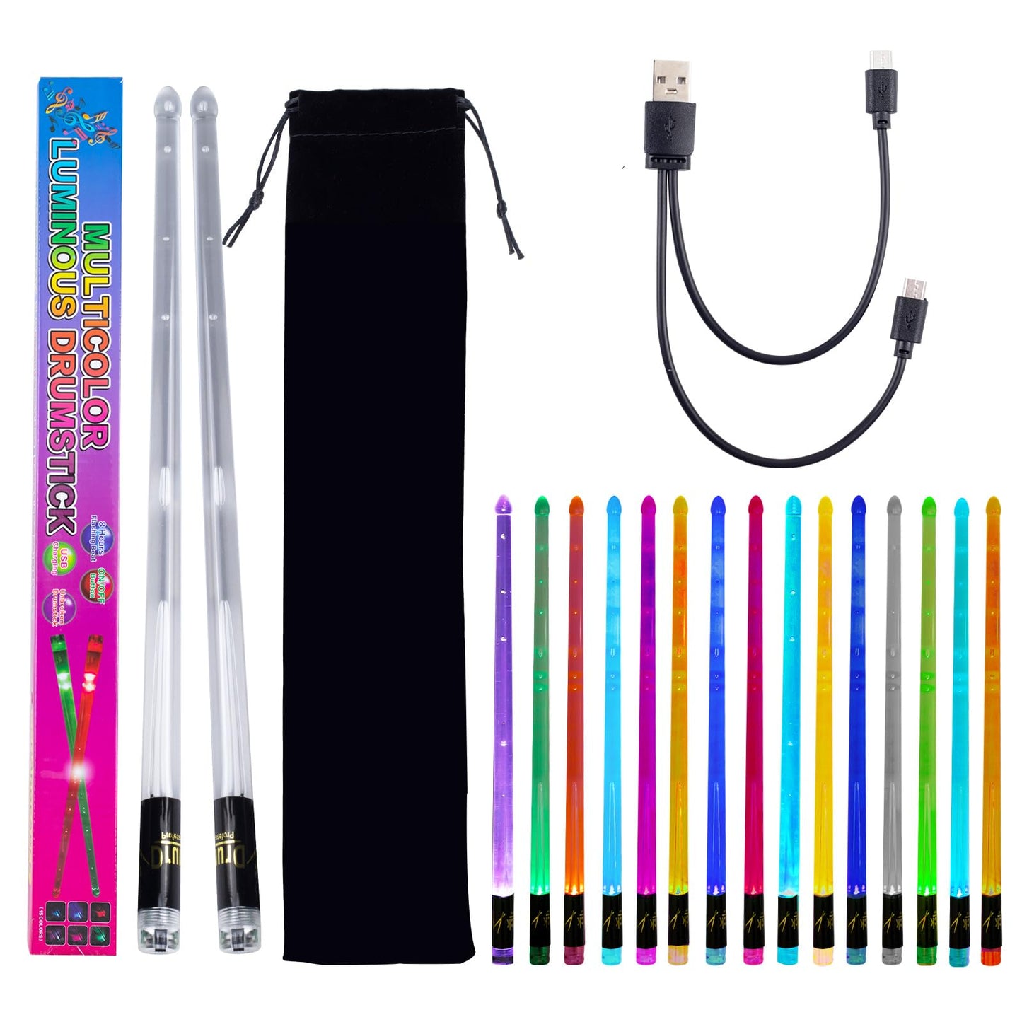 Light Up Drum Sticks Rechargeable Drumsticks, 15 Color Changing LED Drum Stick Glow In The Dark Personalized Musical Instrument Gifts for Drum Set Percussion Accessories