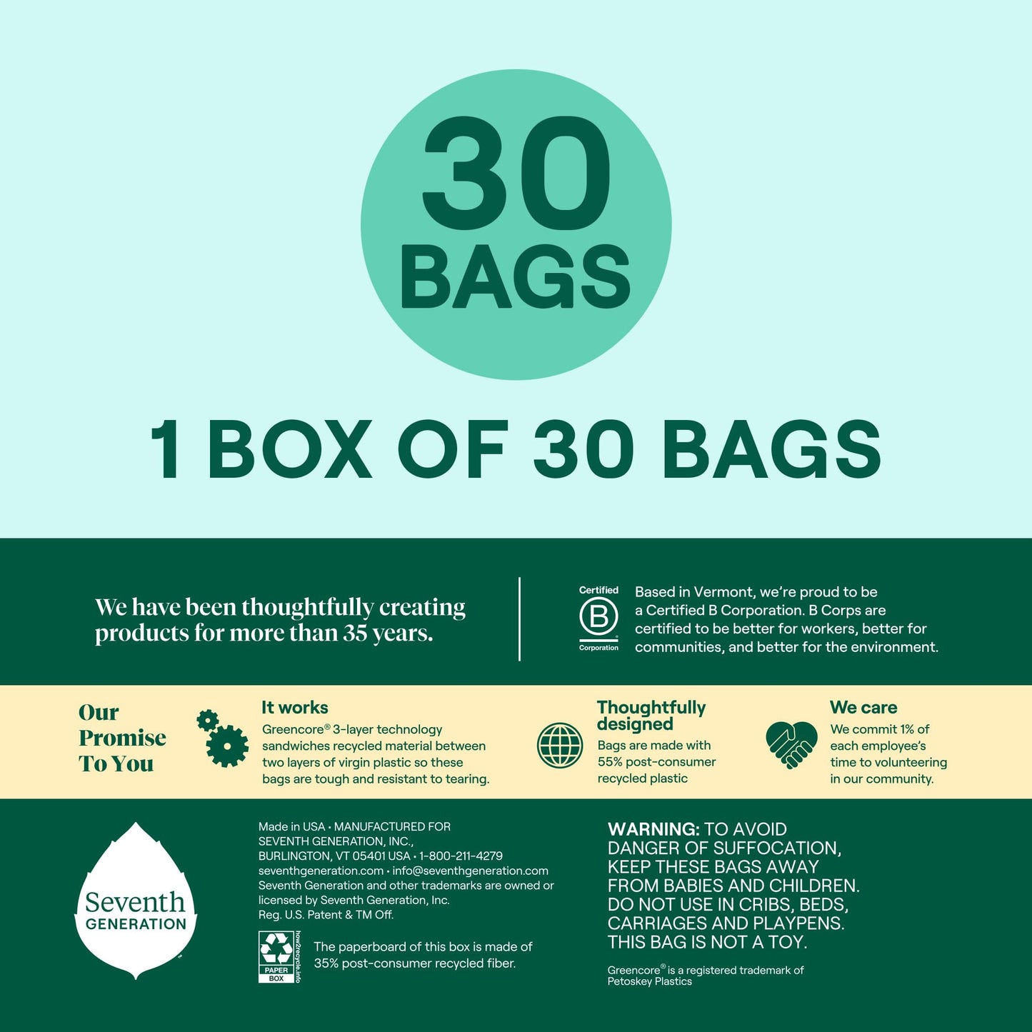 Seventh Generation Kitchen Garbage Bags 13 Gallon Pack of 6 Extra Strong Made from Recycled Plastic 20 count