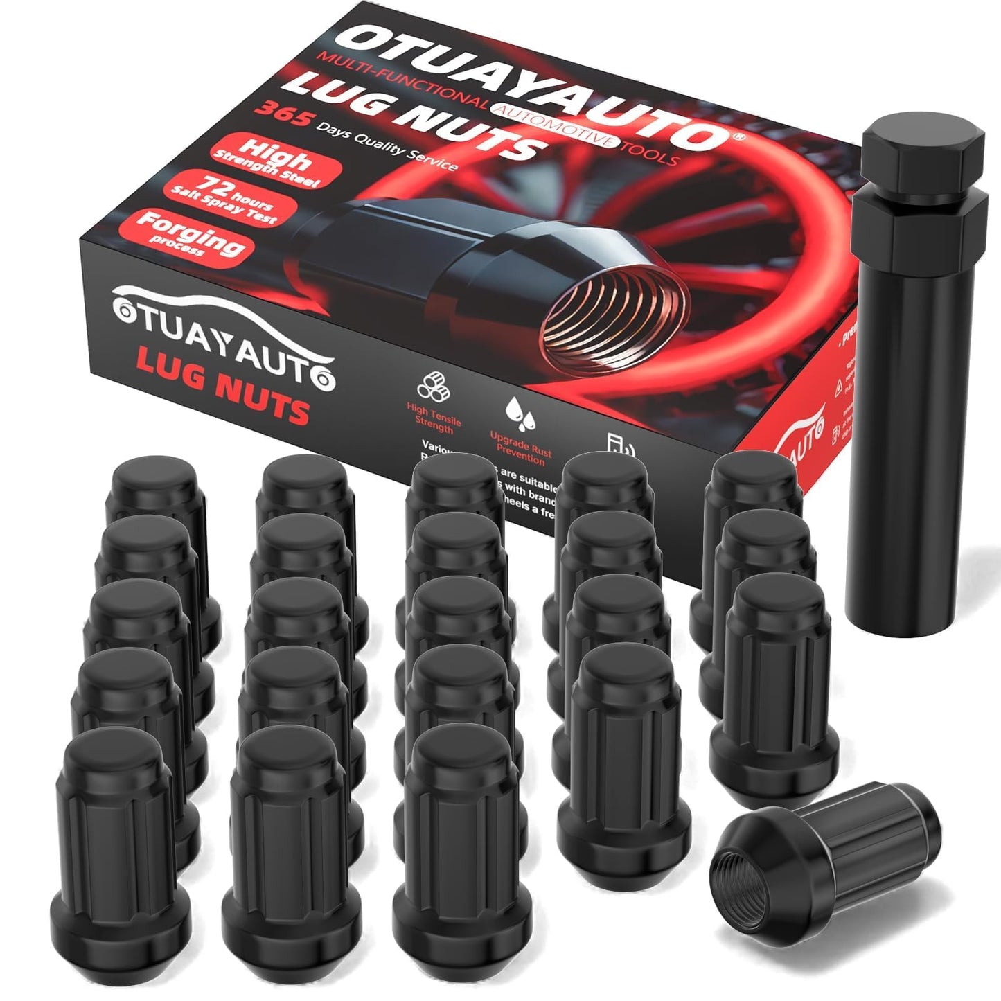 OTUAYAUTO 1/2-20 Lug Nuts - Replacement for 1987-2018 Jeep Wrangler JK, 2002-2012 Liberty, 1993-2010 Grand Cherokee, Cone Seat, 17mm Hex, 23PCS Black 1/2-20 Spline Wheel Lug Nut with Socket Key