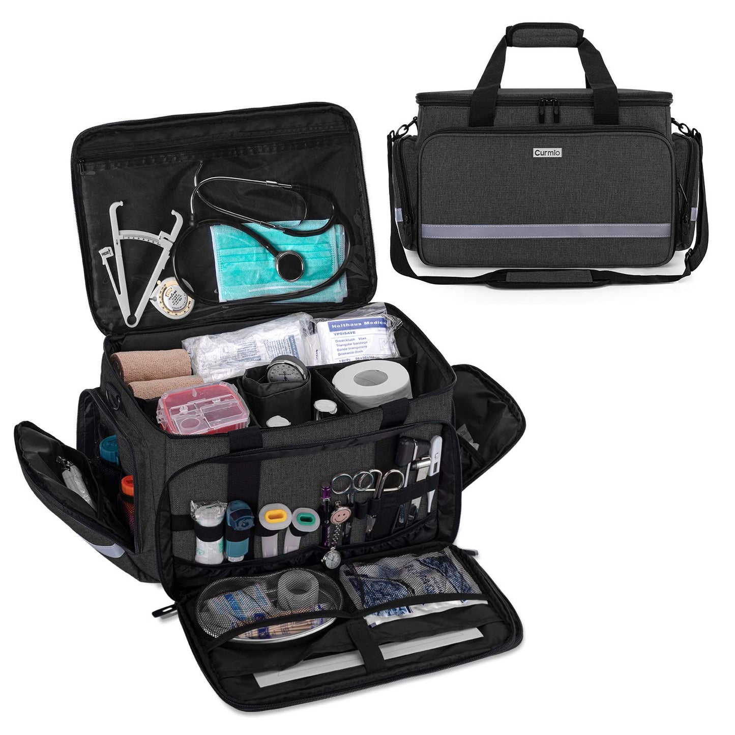 CURMIO Nurse Bag, Medical Bag Clinical Bag with Inner Dividers and No-Slip Bottom for Home Visits, Health Care, Hospice, Gift for Nursing Students, Physical Therapists, Doctors, Bag Only, Black