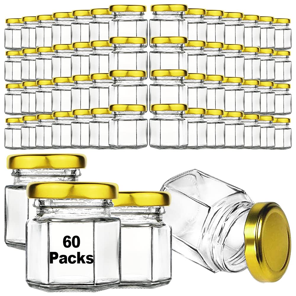 60 Pack Small Glass Jars with Airtight Lids, 1.5 oz Mini Hexagon Honey Jars for Wedding Favors, Baby Shower Favor, Party, Mason Jar for Crafts - Canning Container for Spices, Candles, Jam, Candy