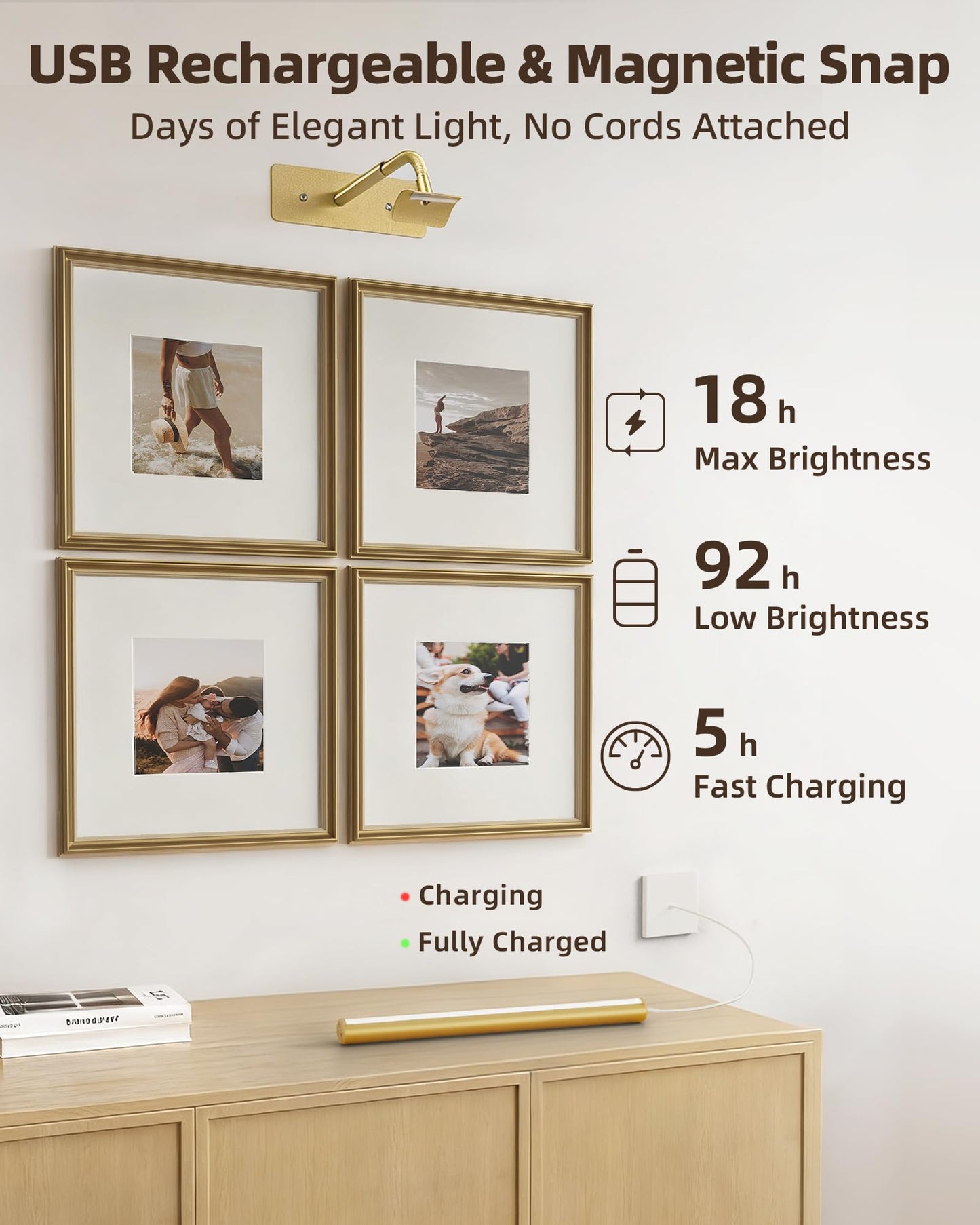 EZVALO 16" Picture Lights for Wall, 6000mAh Rechargeable Art Light with Remote, 3 CCT & Dimmable, Battery Operated Gallery Light Wireless, Frame Painting Light for Poster, Artwork (Gold,1 Pack)