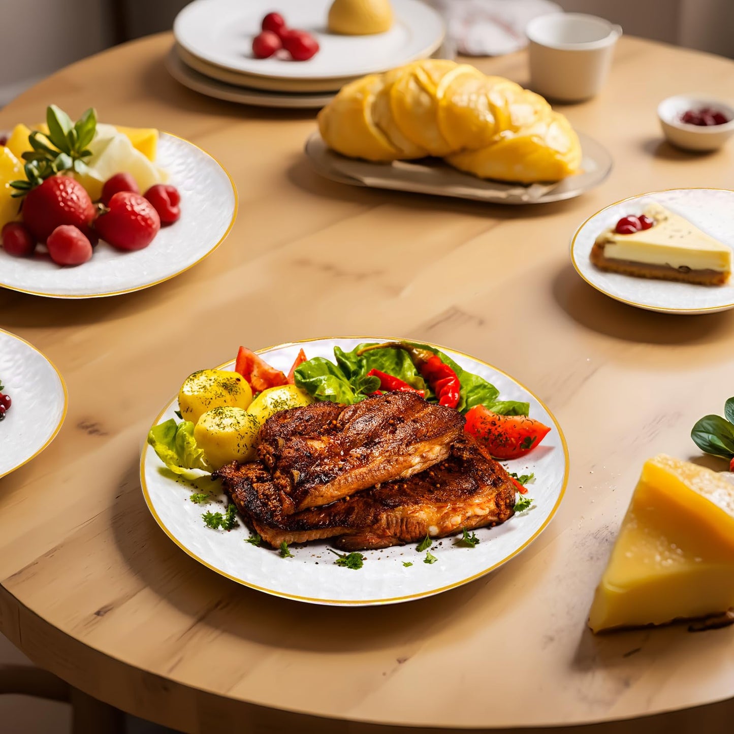 100 Pcs Hammered Plastic Plates with Gold Rim, Clear Plastic Plate 50 Disposable Heavy Duty 10 Inch Dinner Plates 50 Round 7 Inch Dessert Salad Plate for Party Wedding