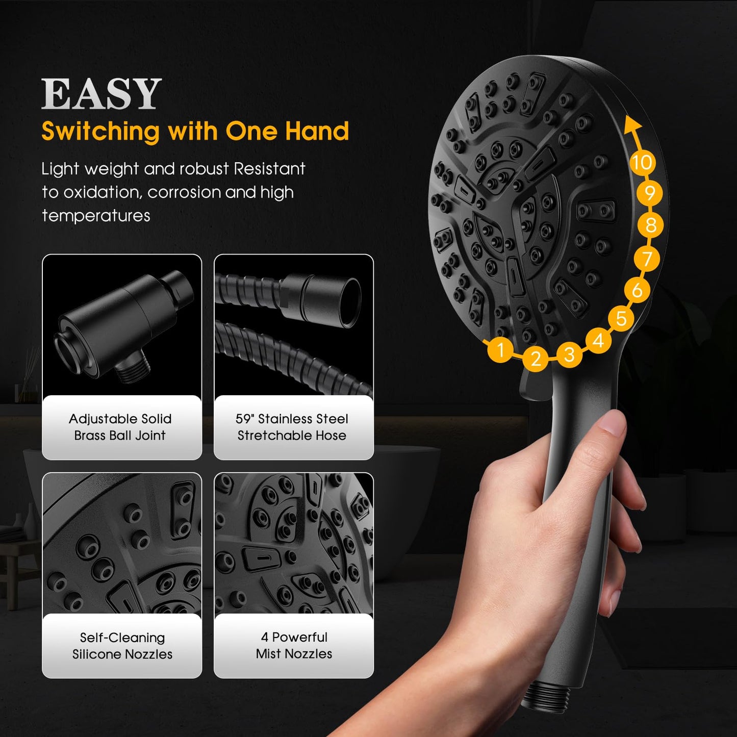 High Pressure 10 Ways Handheld Shower Head Matte Black- Anti-Clog Nozzles, Built-in Power Wash to Clean Tub, Wall & Overhead Brackets,Magnetitc Rainfall Shower Wand,Built-in 2 Power Jet (Black)