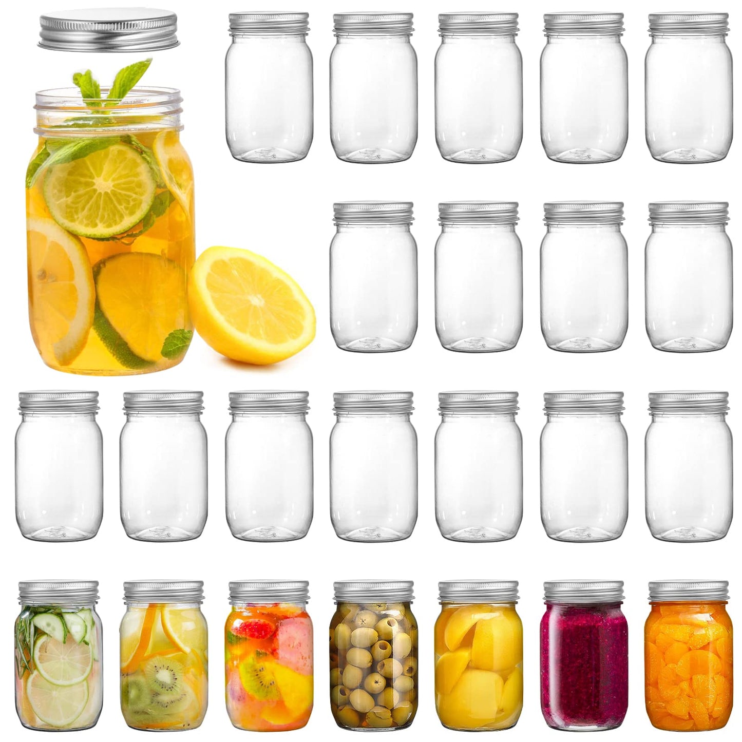 Tebery 24 Pack Clear Plastic Mason Jars with One Piece Lids, 8OZ Mason Cocktail Cup Shatterproof Drinking Jar, Refillable Empty Slime Storage Containers for Overnight Oats, Honey, Spices and Herbs
