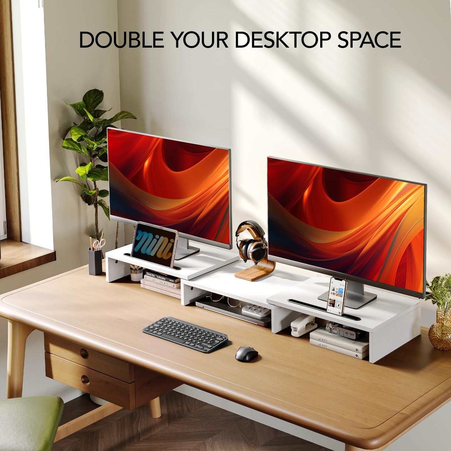 AMERIERGO Dual Monitor Stand -Adjustable Length and Angle, Computer Monitor Stand w/2 Slot, Desktop Organizer, Dual Monitor Stand Riser for PC, Computer, Laptop, White