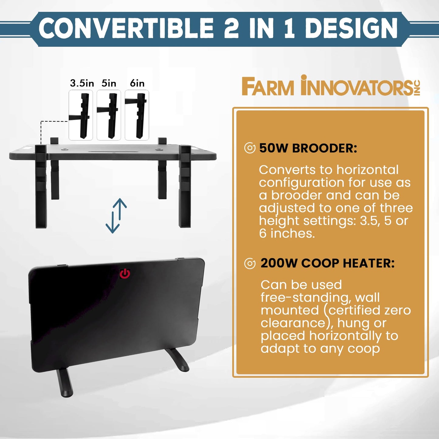 Farm Innovators 2-In-1 Radiant 200-Watt Chicken Coop Panel Heater Converts to 50W Brooder Heater for Chicks, Free Standing or can be Wall Mounted, Hung or Used Horizontally