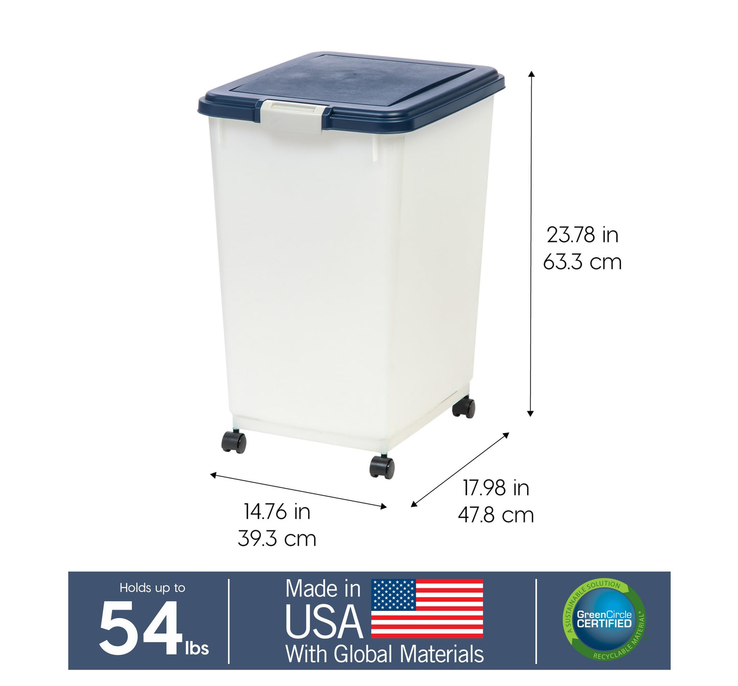 IRIS USA Airtight Dog Food Storage Container, Up to 24.5 Kg, Attachable Wheels, for Dog Cat Bird and other Pet Food Storage Bin, Keep Fresh, Easy Mobility, BPA Free, Navy/Pearl